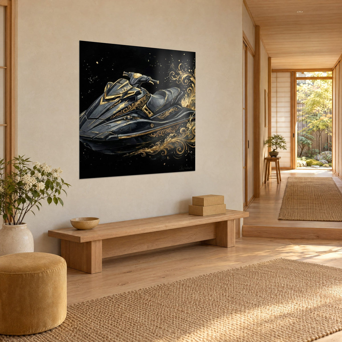 Gemälde Motorwassersportgerät in Grau und Gold, goldener Lenker und Gischtspiralen, in einem Japandi-Flur neben einer Holzbank