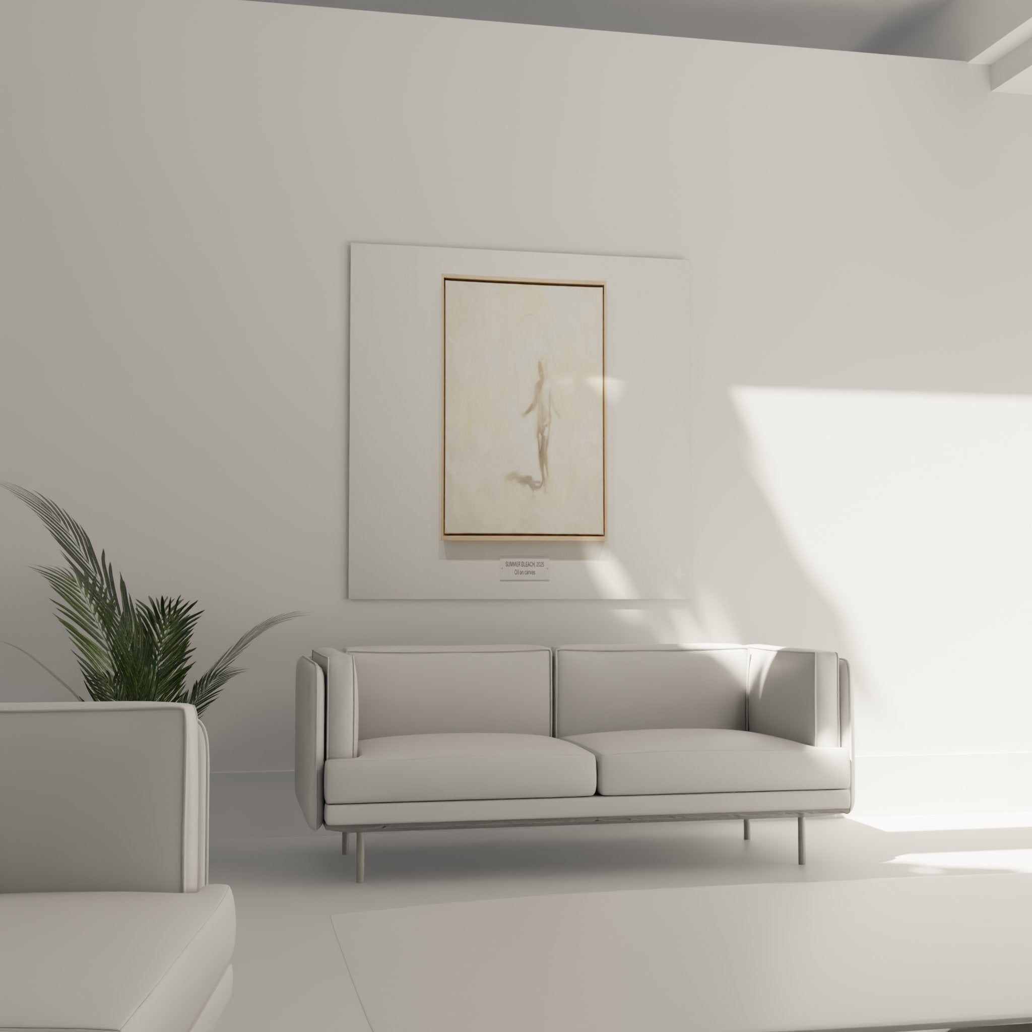 Détail rapproché du tableau silhouette féminine montrant la technique aquarelle et les nuances beiges subtiles