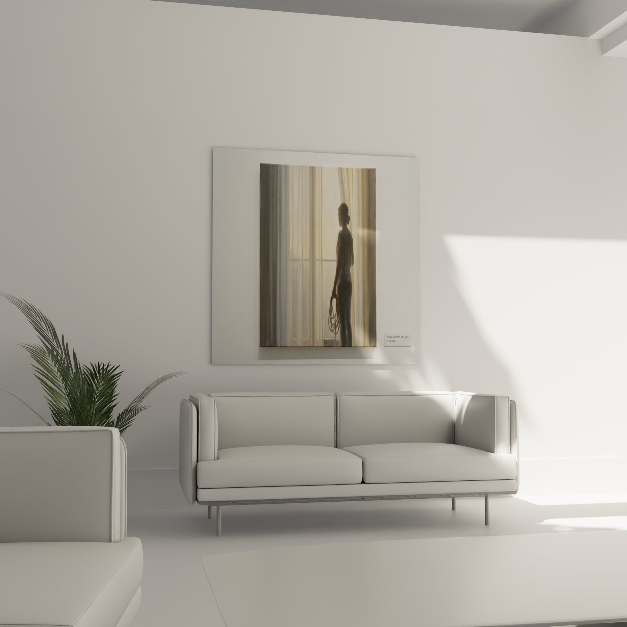 Gros plan du tableau montrant les détails de la silhouette féminine et la corde à sauter dans la lumière