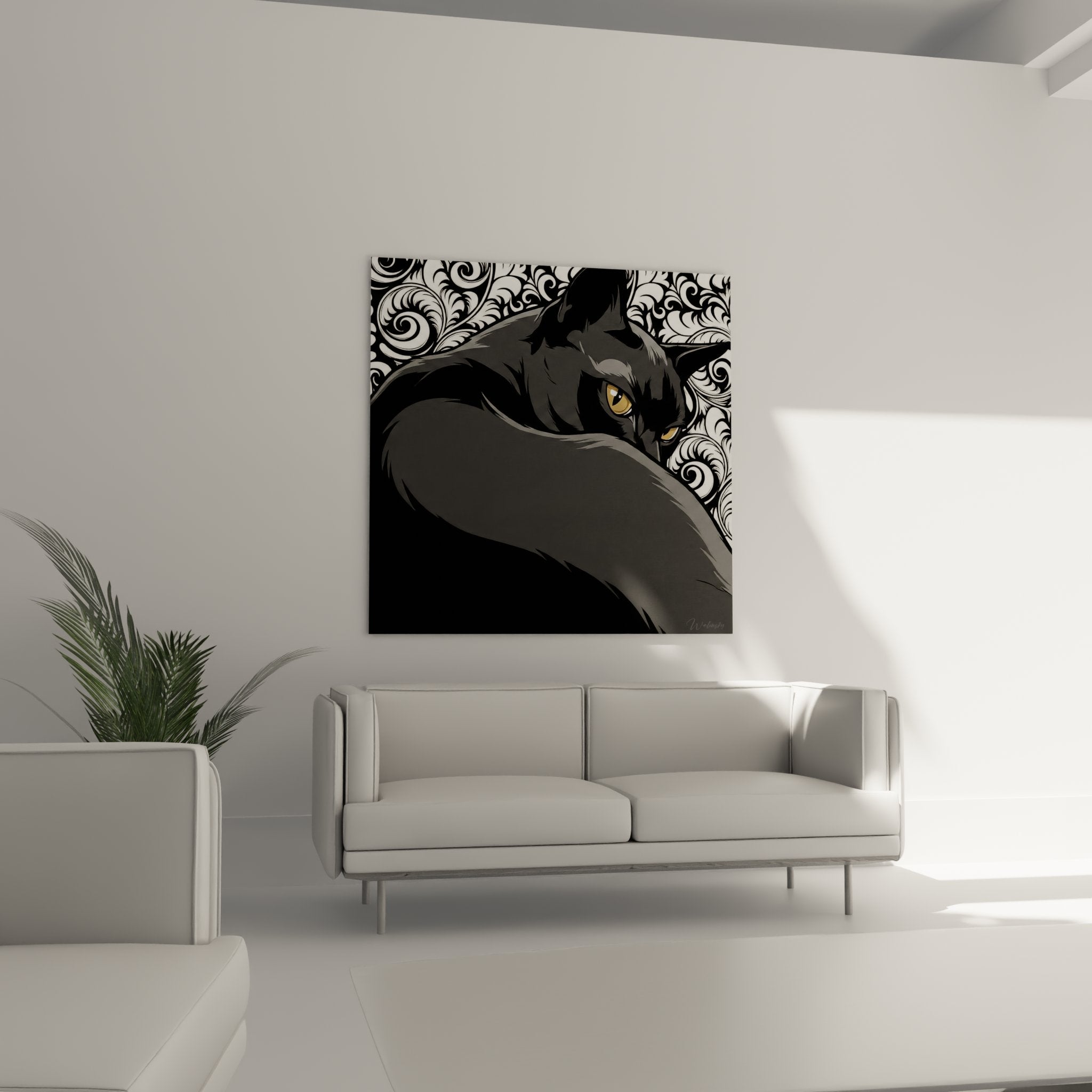 Gros plan tableau chat Burmese regard doré intense détails pelage gris motifs ornementaux baroques