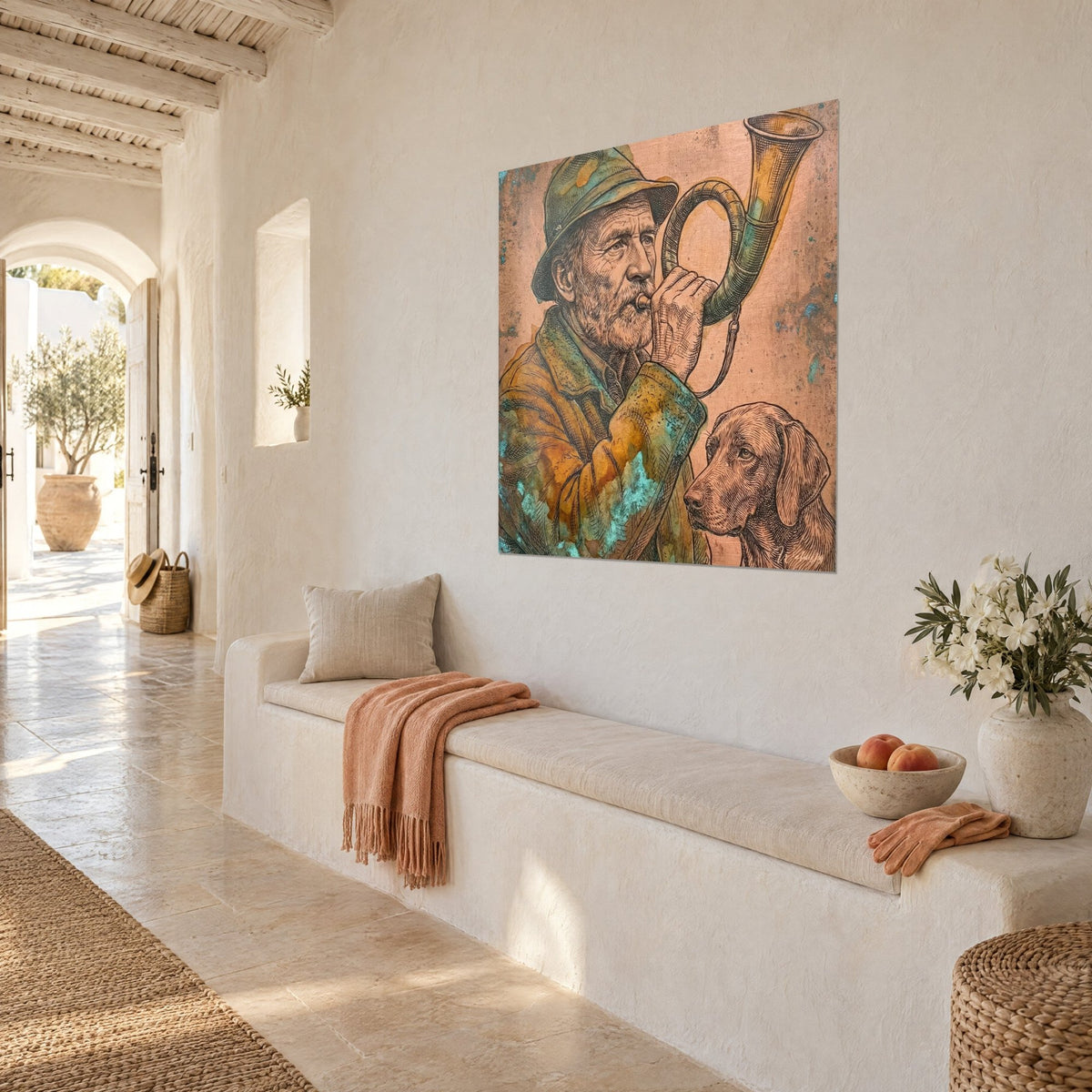 Quadro di un vecchio corno con cappello verde, cane marrone al suo fianco, patina turchese su fondo ramato, casa mediterranea