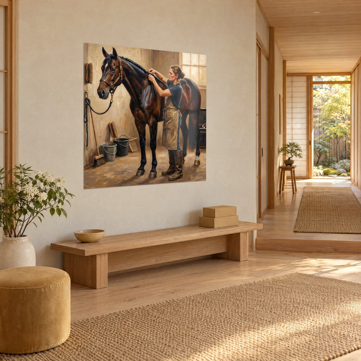 Quadro di un cavallo baio con cavezza di cuoio fulvo, curato in una scuderia color crema e ocra, secchi grigi a terra, vista di tre quarti, corridoio japandi