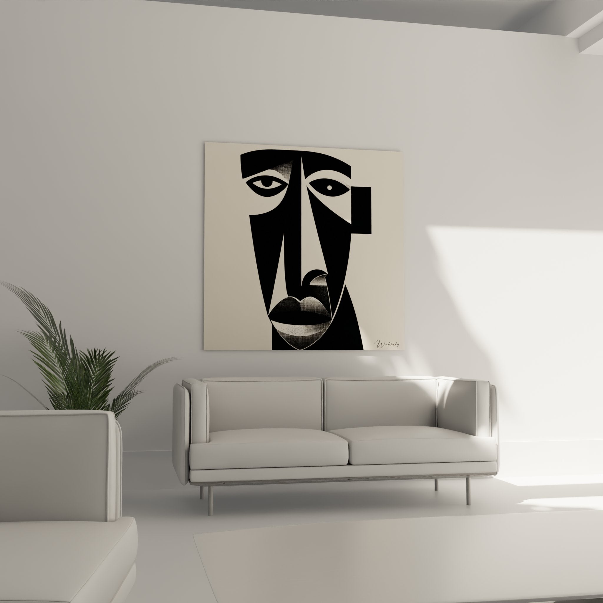 Dettaglio quadro viso cubista tribale, occhi asimmetrici e forme geometriche arte africana moderna