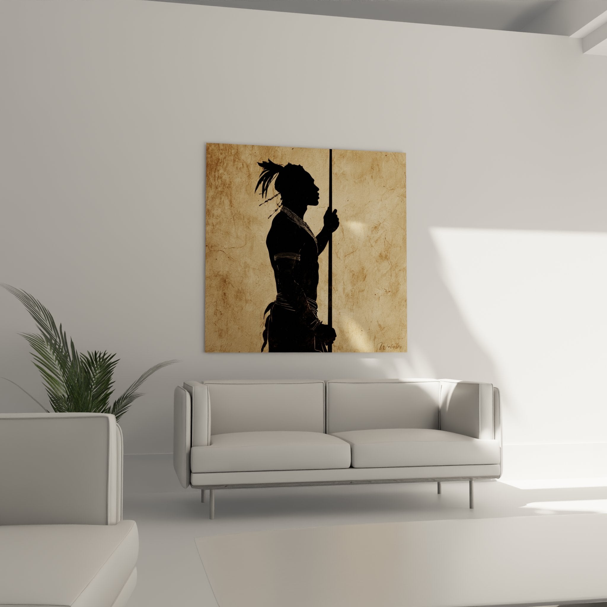 Close-up detail of African warrior silhouette showing feather ornaments and traditional regalia