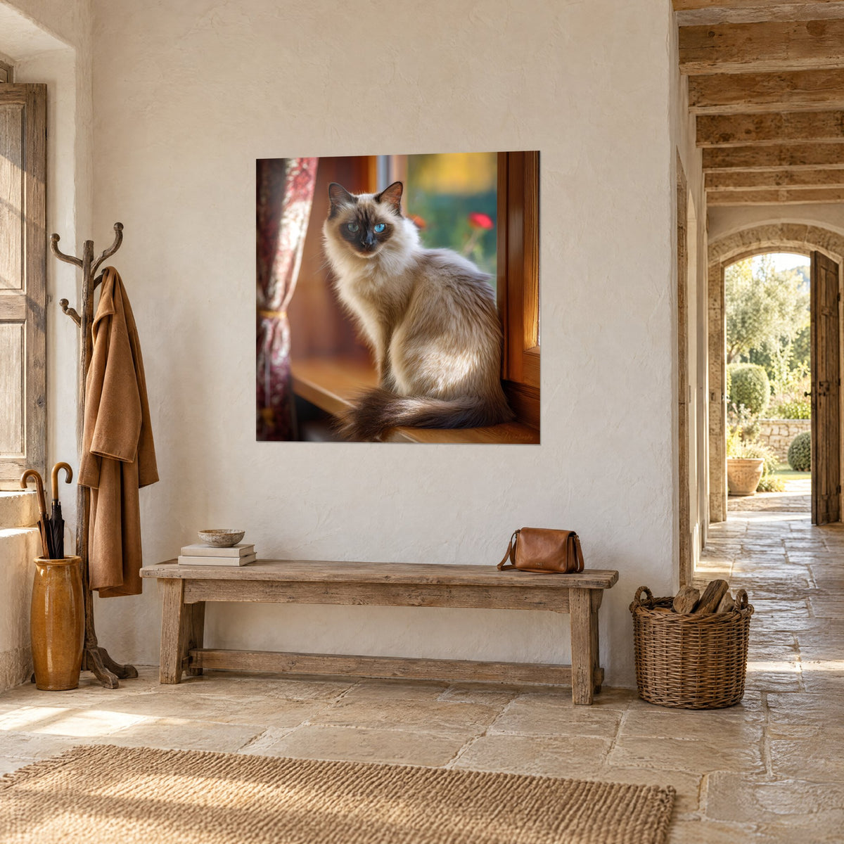 Wall art cream cat with a brown mask and turquoise gaze, bushy tail on amber wood, three-quarter view in a stone house