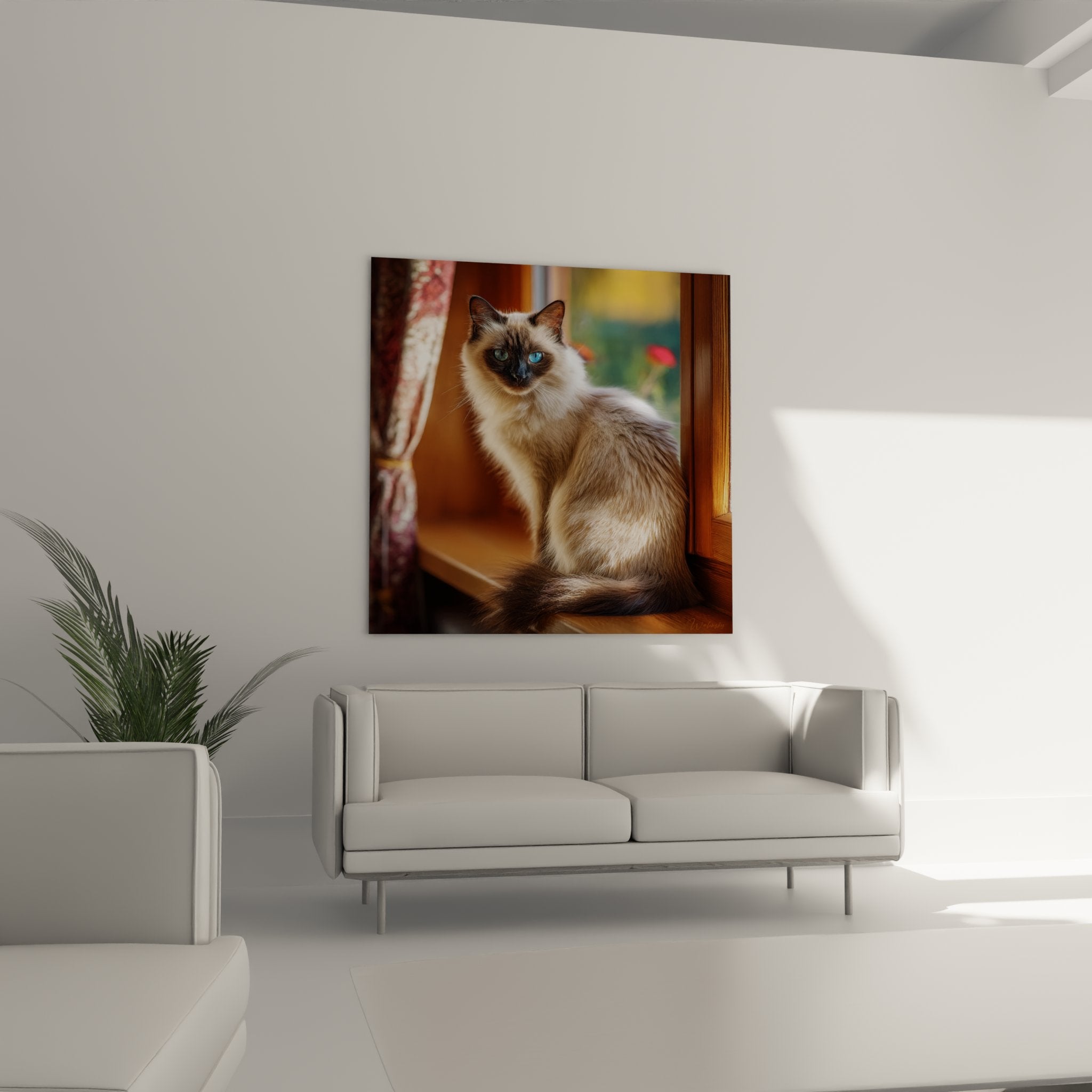 Primo piano ritratto gatto balinese con magnifici occhi blu penetranti, dettagli del mantello setoso crema e cioccolato