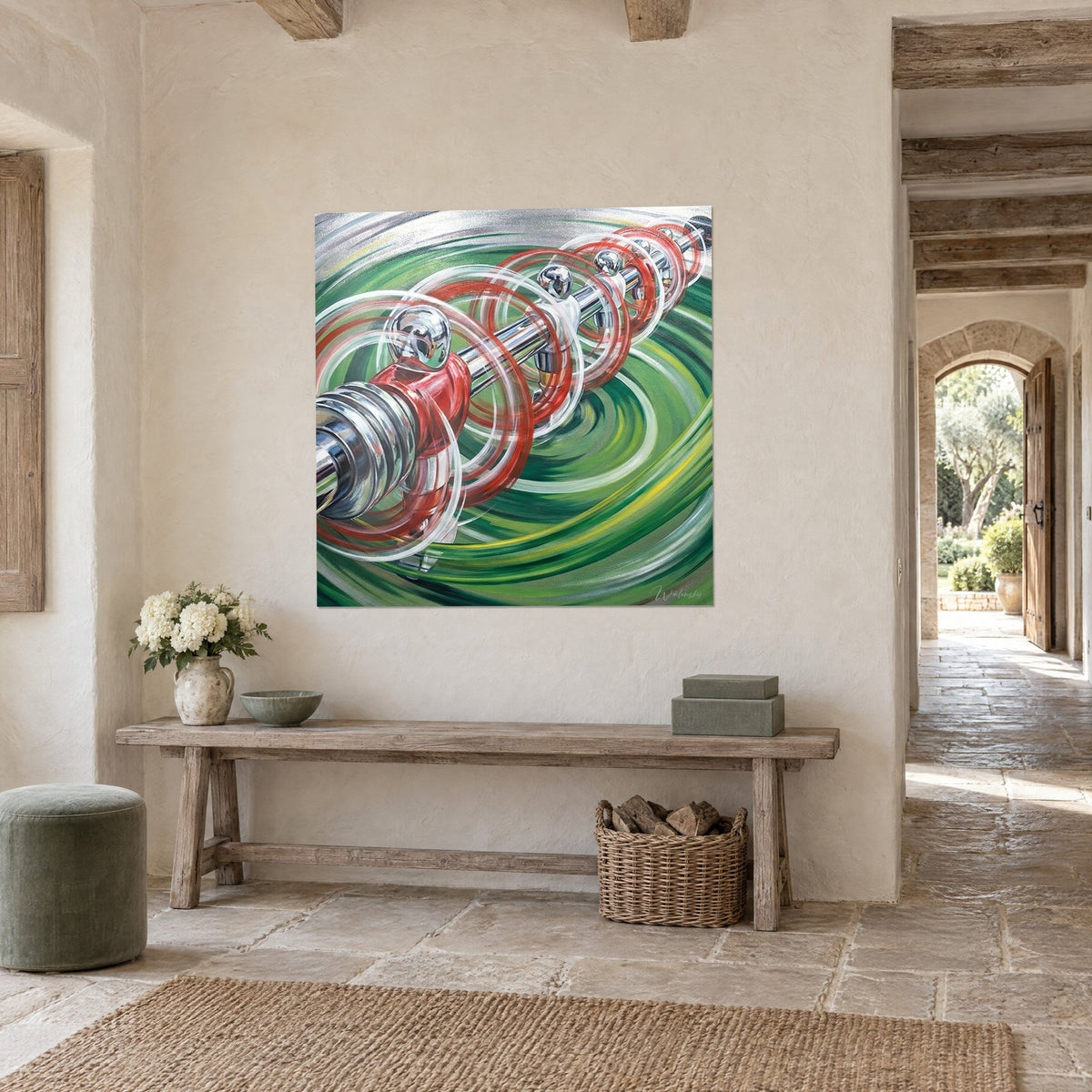 Wall art table football rod with shiny chrome balls, red and white rings on a green background, ochre stone entrance