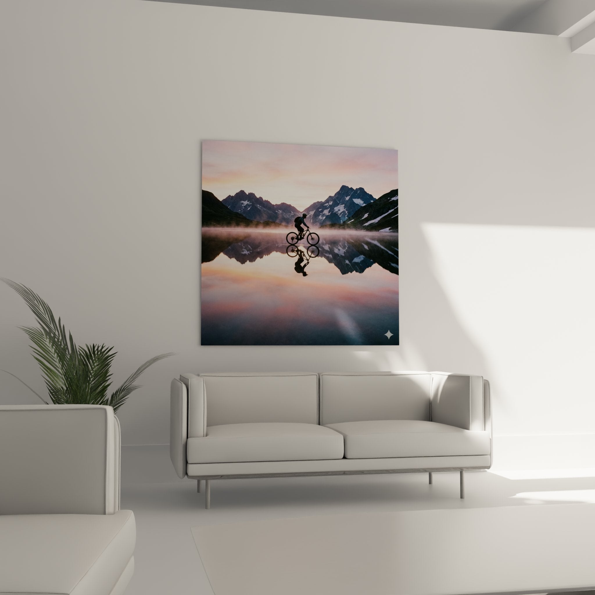 Détail tableau VTT showing perfect reflection of mountain biker and alpine peaks in still water