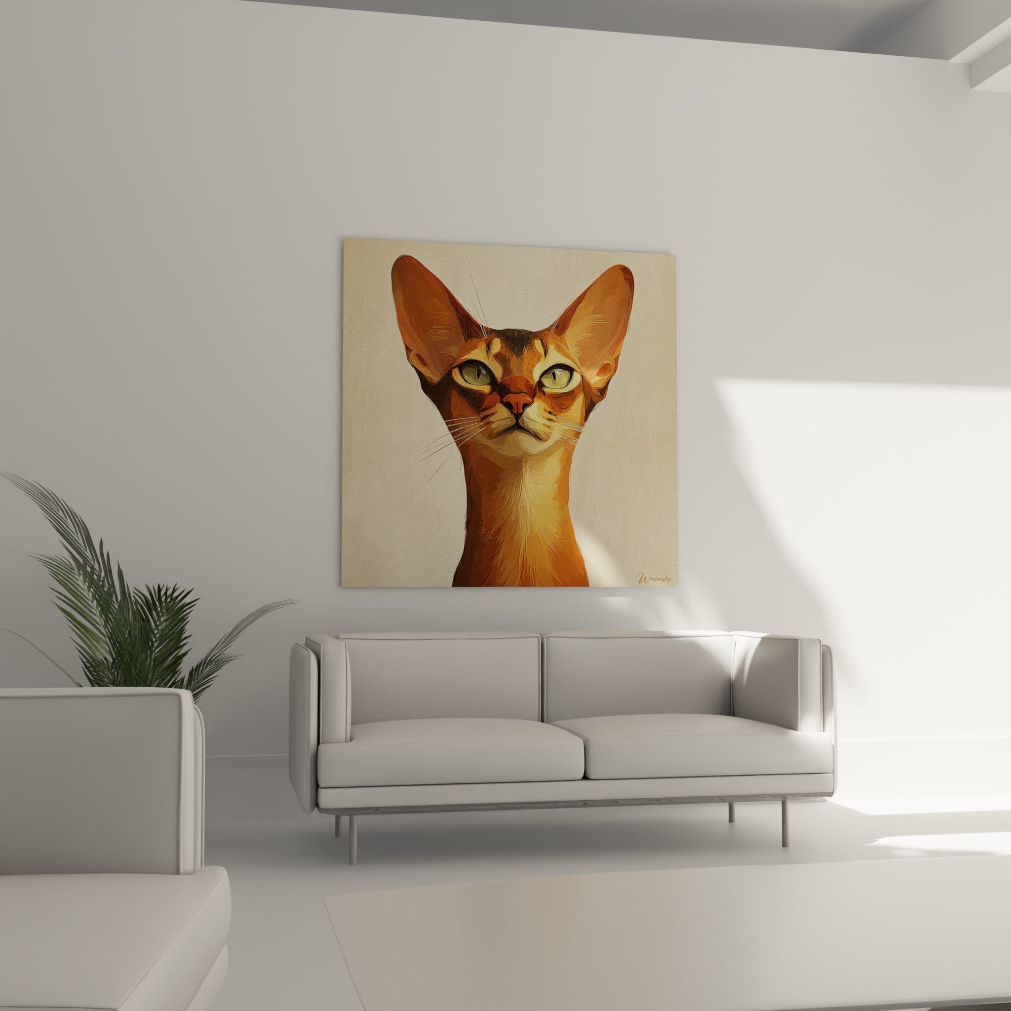 Primo piano dettaglio quadro gatto abissino occhi dorati espressivi orecchie appuntite stile artistico