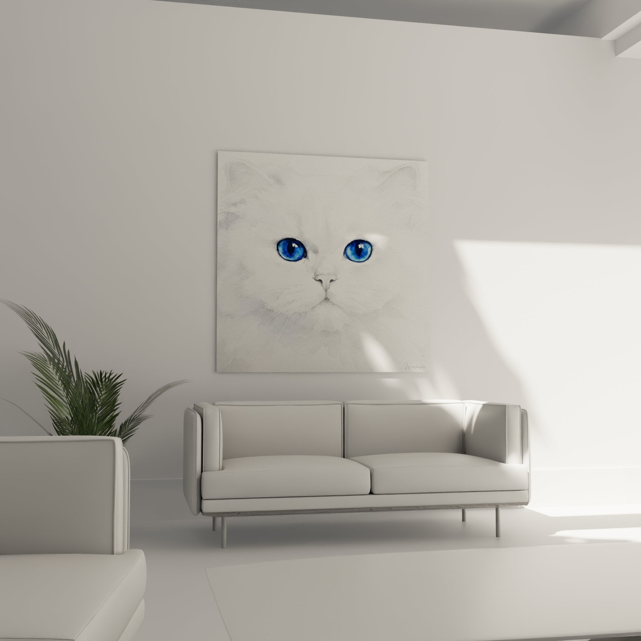 Close-up of the captivating blue eyes of a white Persian cat, striking artistic details