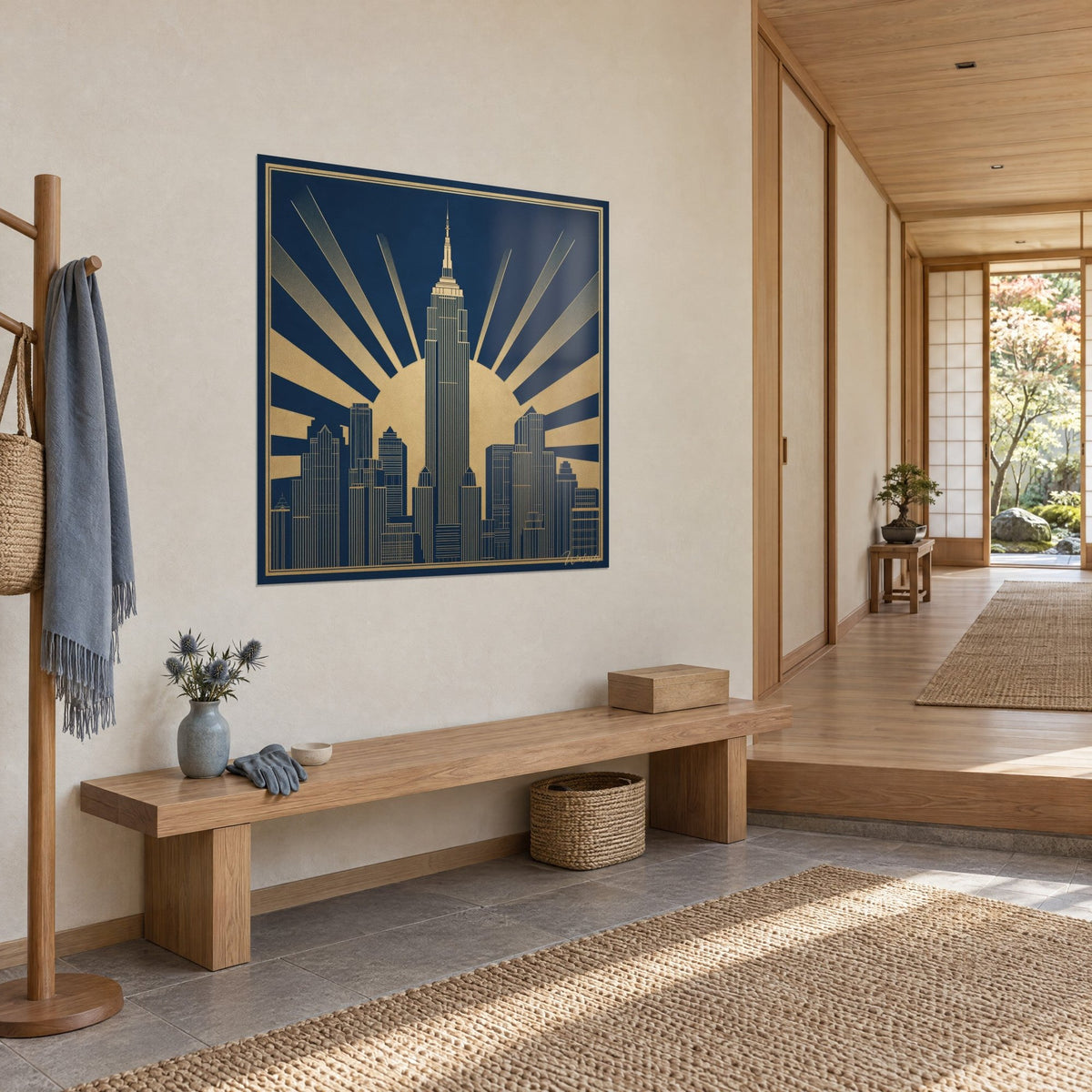 Tableau Empire State Building en filets d'or, soleil sablé et faisceaux, vu de trois-quarts dans un couloir japandi en bois