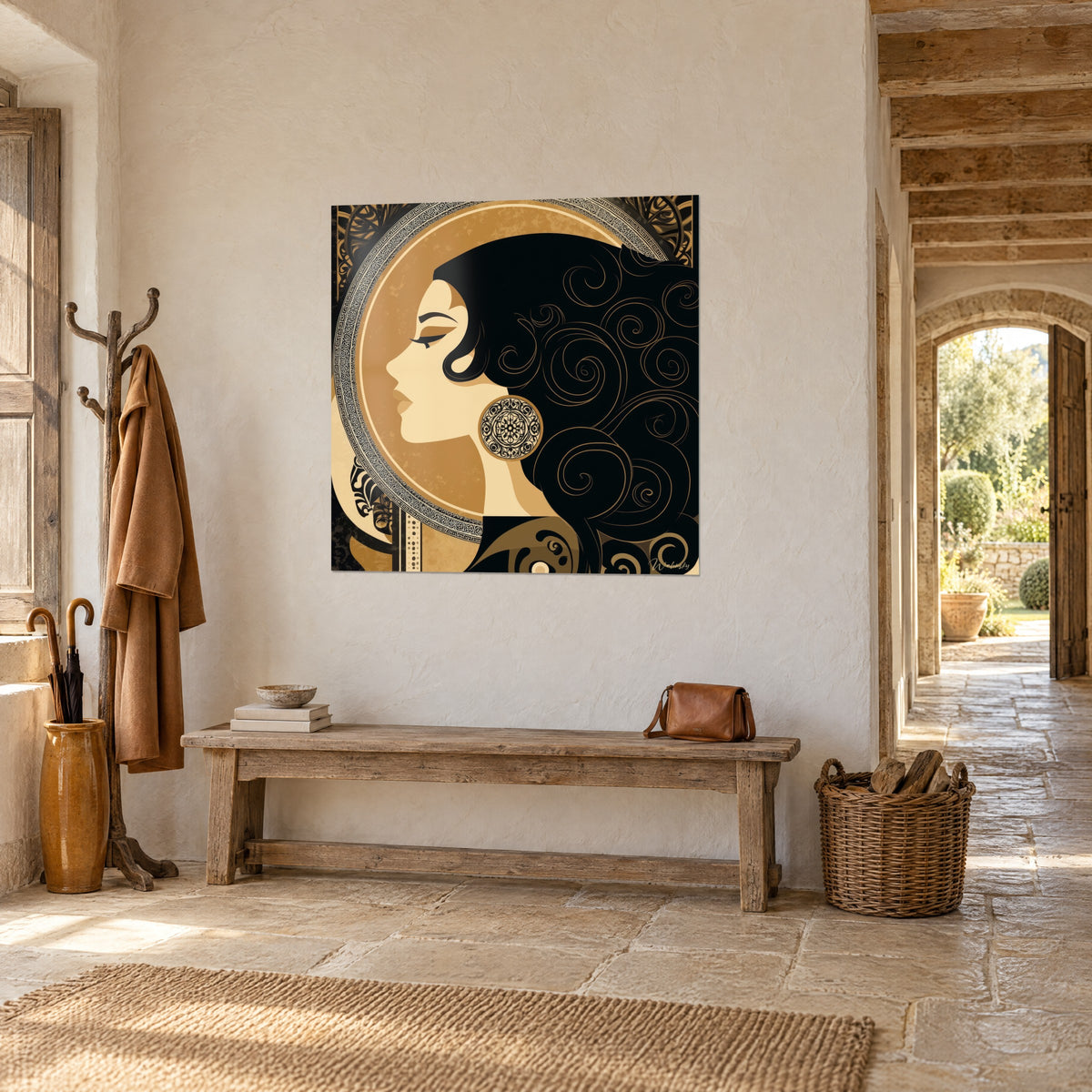 Quadro musa dalle palpebre chiuse, chioma riccia color inchiostro su disco ocra e fregio greco, panca rustica in pietra