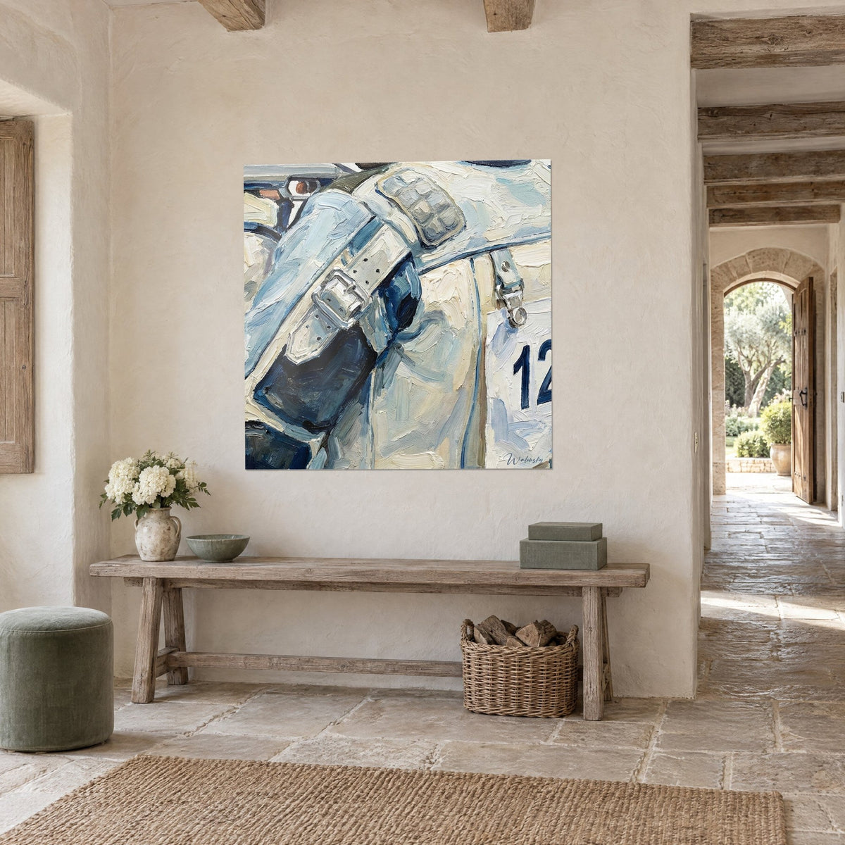Antique holster painting in thick impasto, navy blue and ivory, silver buckle, number 12 plate, stone entryway and exposed beams