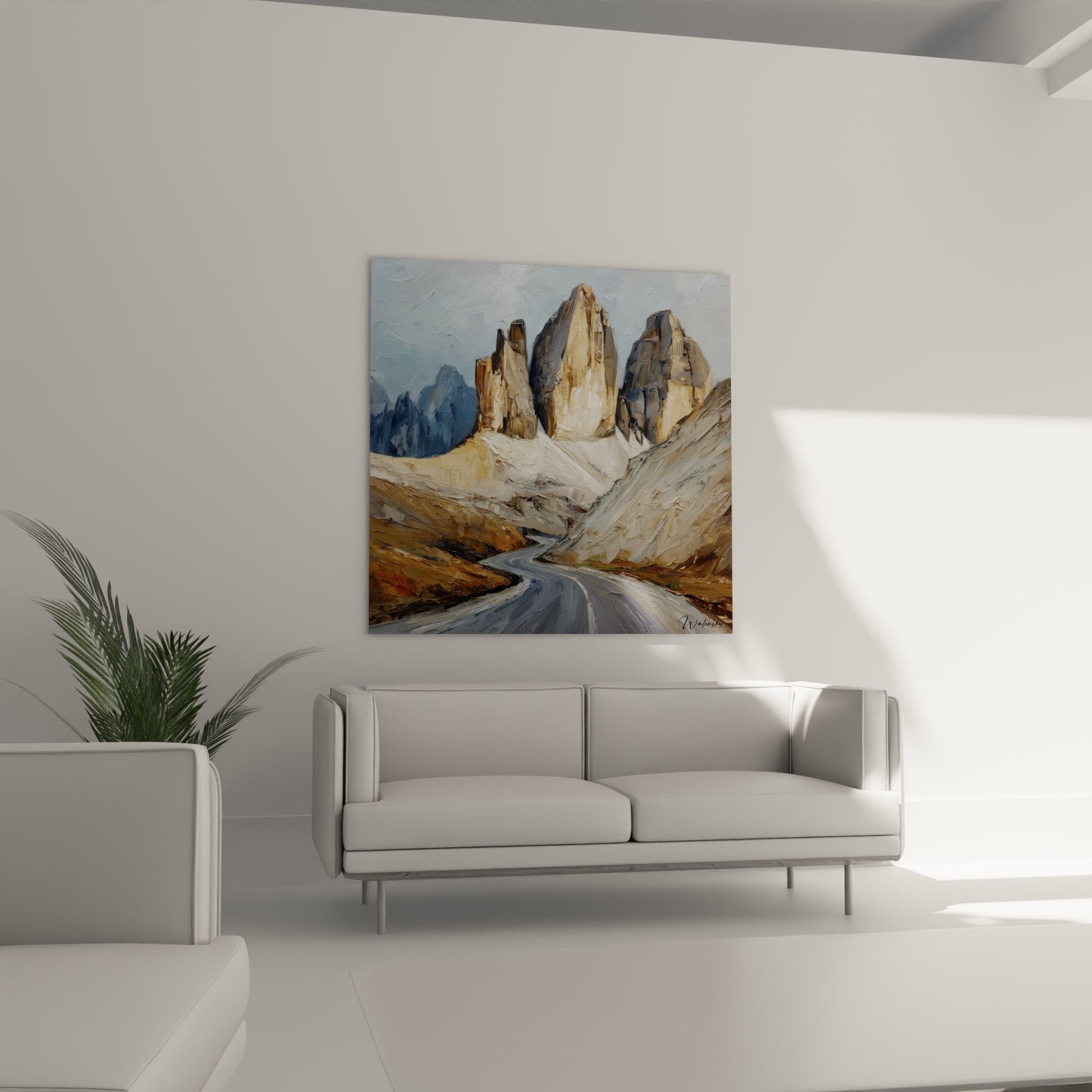 Dolomites painting texture detail, impasto ochre gray colors, mountain pictorial technique