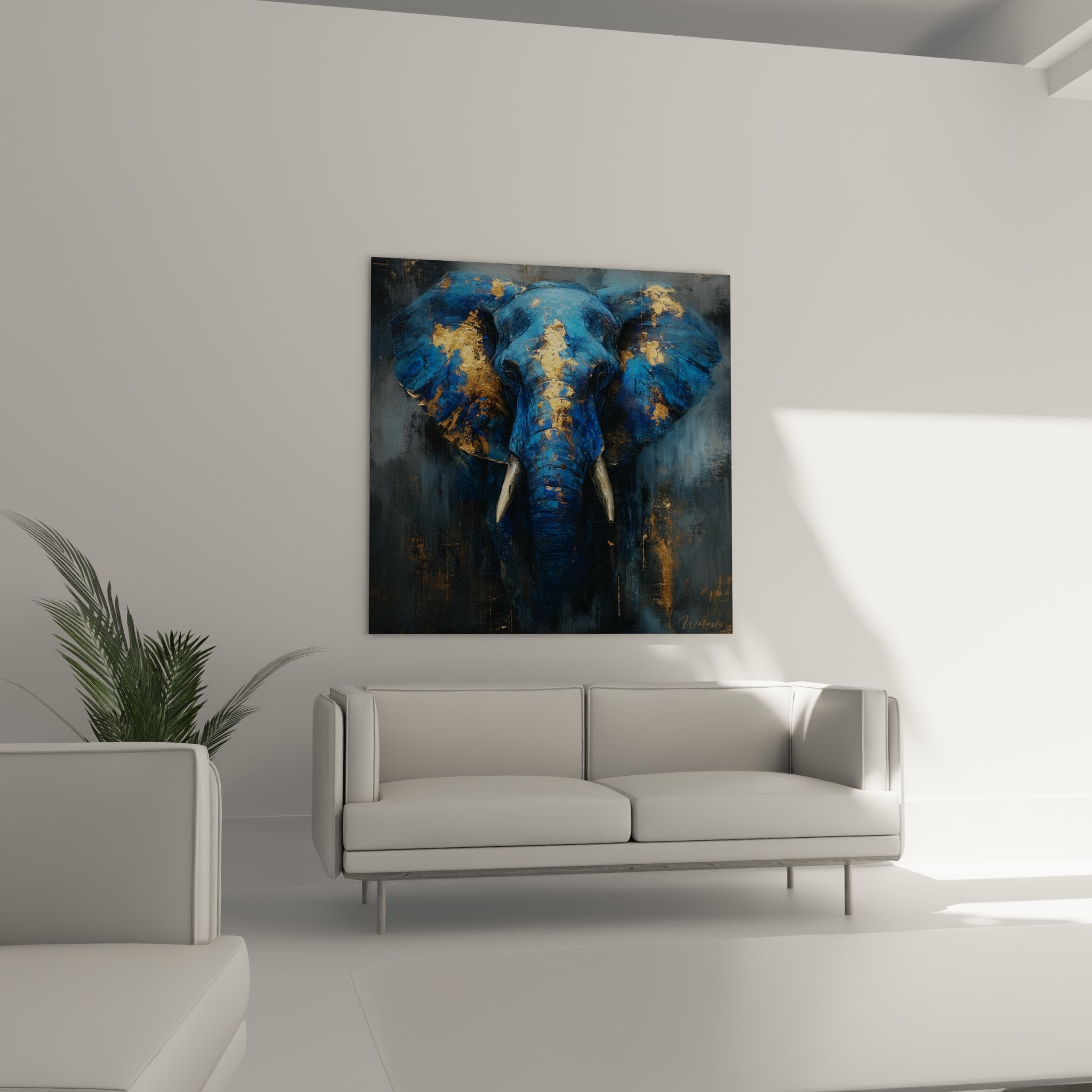 Detail des Elefantengemäldes mit blauer Textur und goldenen Pinselstrichen der künstlerischen Malerei