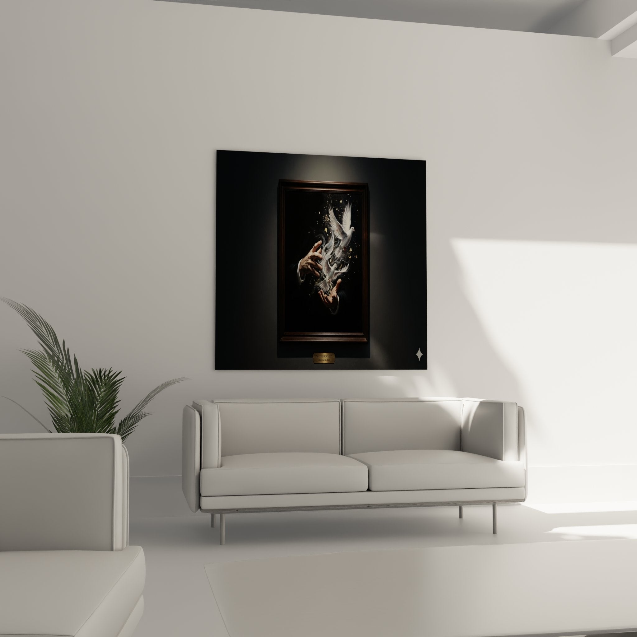 Détail rapproché du tableau montrant la texture des plumes et les effets dorés de magie circassienne