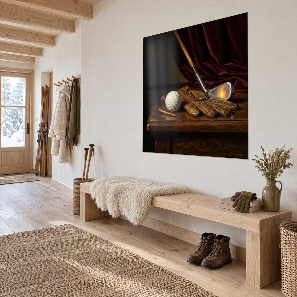 Wall art white dimpled golf ball beside a light wood tee, plum velvet and brown table, three-quarter view in the chalet entrance