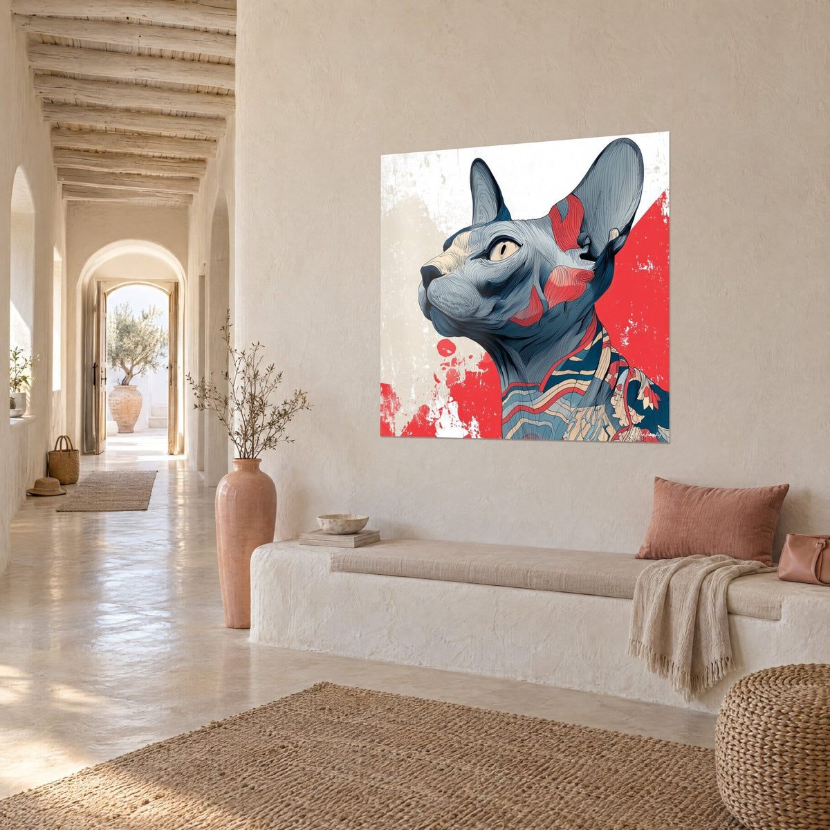 Wall art hairless cat with large pointed ears, grey-blue striped coat and scaly red background, whitewashed wall of a Mediterranean house