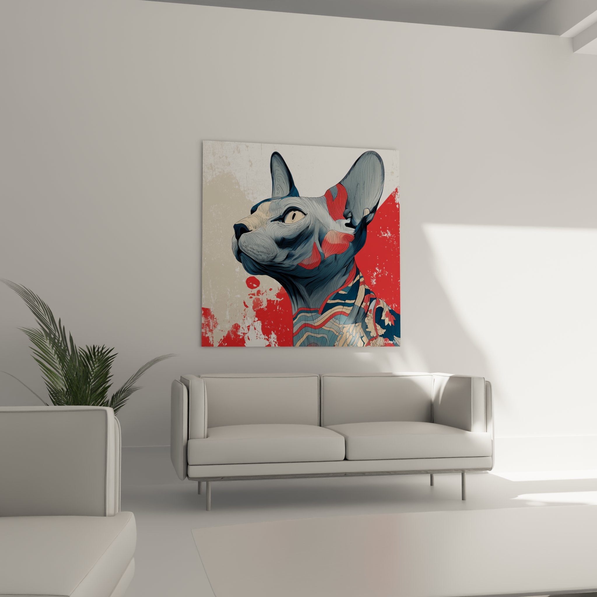 Dettaglio del quadro che mostra i tratti delicati del gatto Sphynx samurai e i motivi del kimono tradizionale