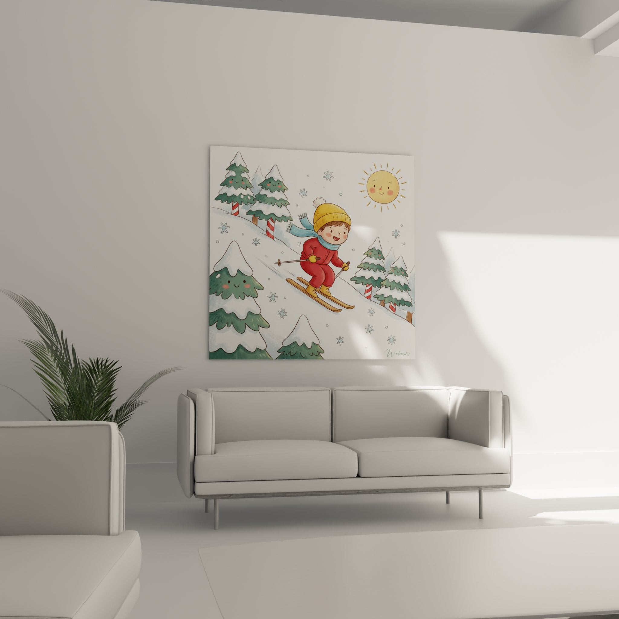 Détail du tableau montrant l'expression joyeuse de l'enfant skieur en combinaison rouge et bonnet jaune