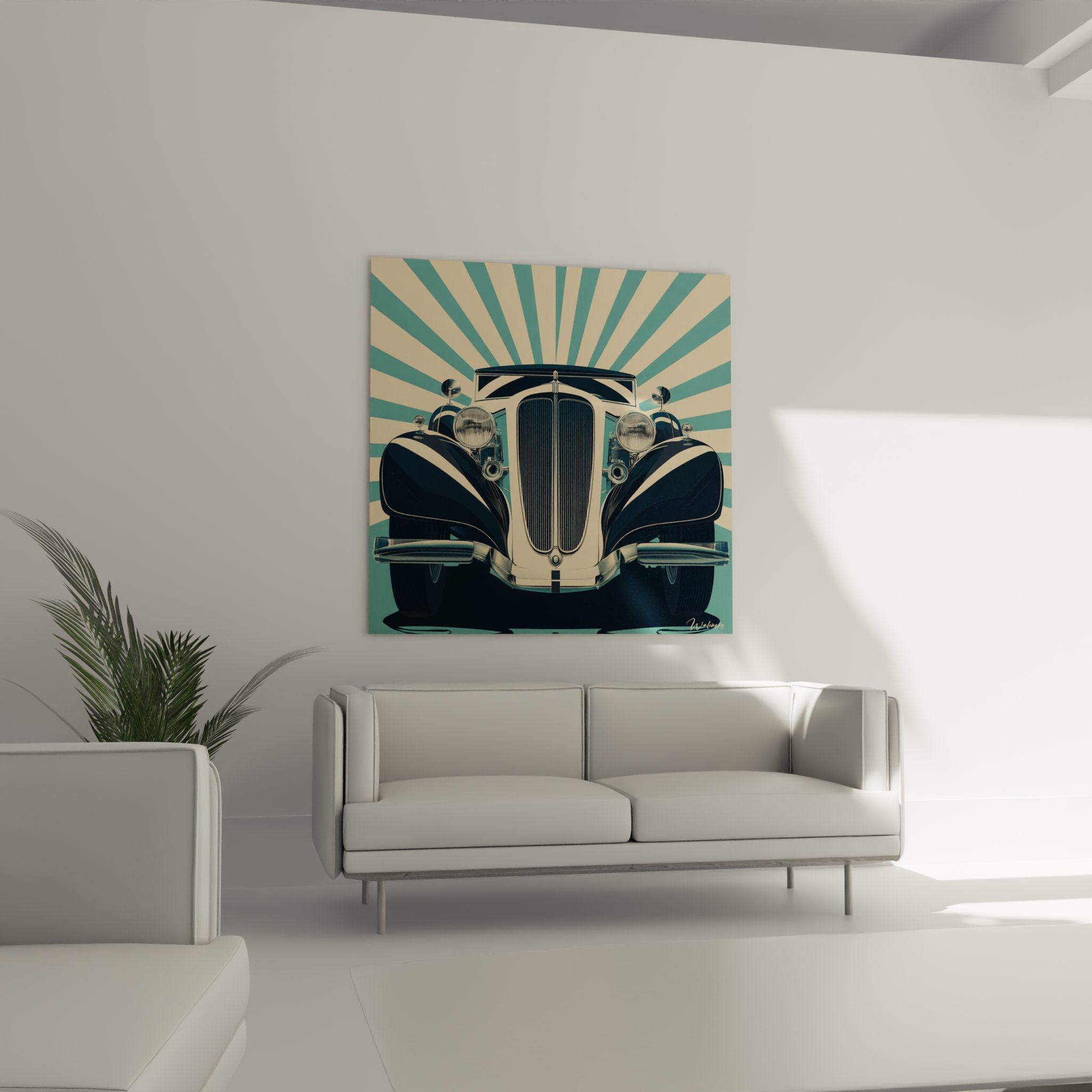 Art deco automotive wall art detail, chrome grille and round headlights, refined artistic finish