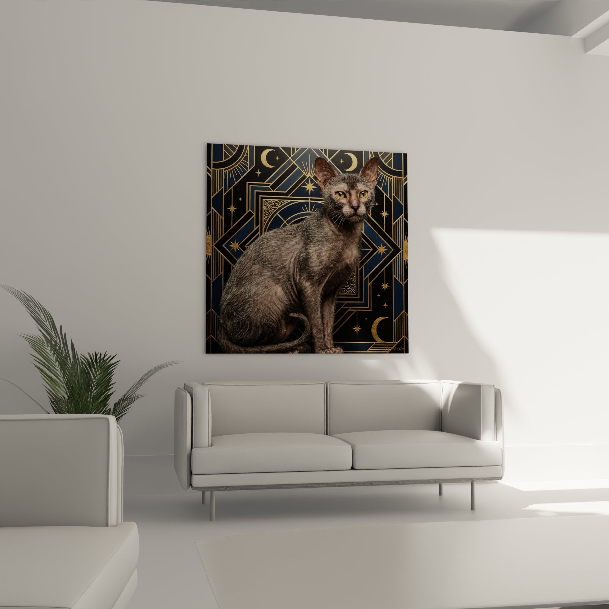 Dettaglio quadro gatto Lykoi manto grigio trama unica occhi dorati penetranti motivi geometrici Art Deco