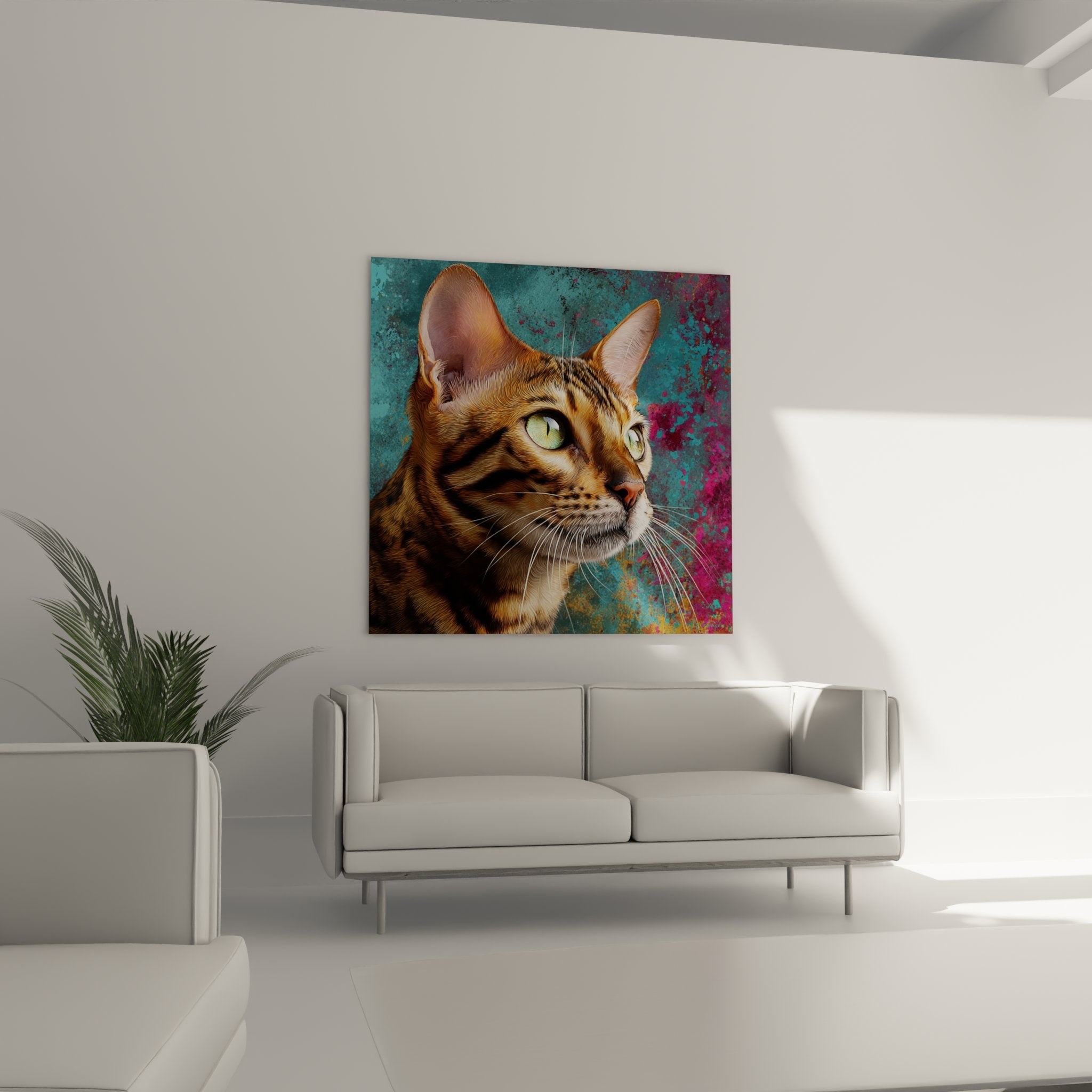 Close-up detail of emerald green eyes and marbled golden coat of Bengal cat