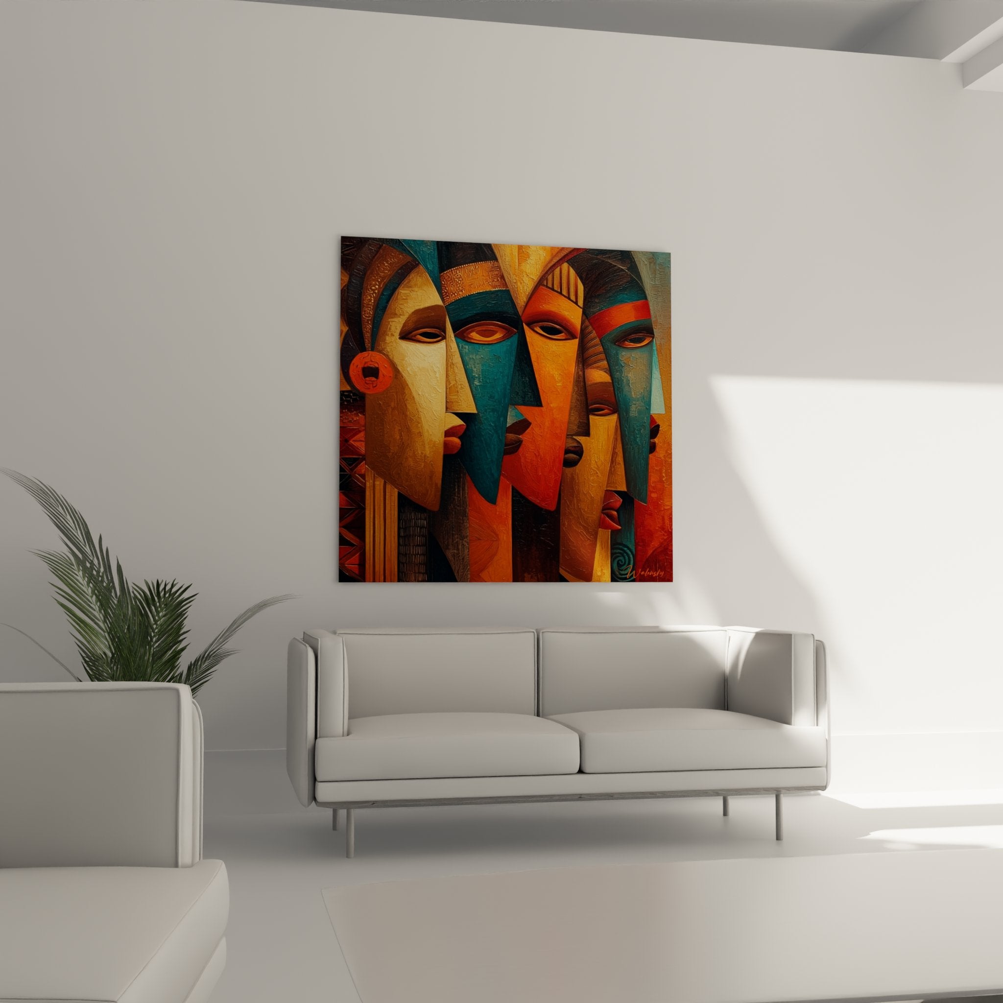 Close-up detail of geometric patterns and textures of African masks painted in vibrant colors