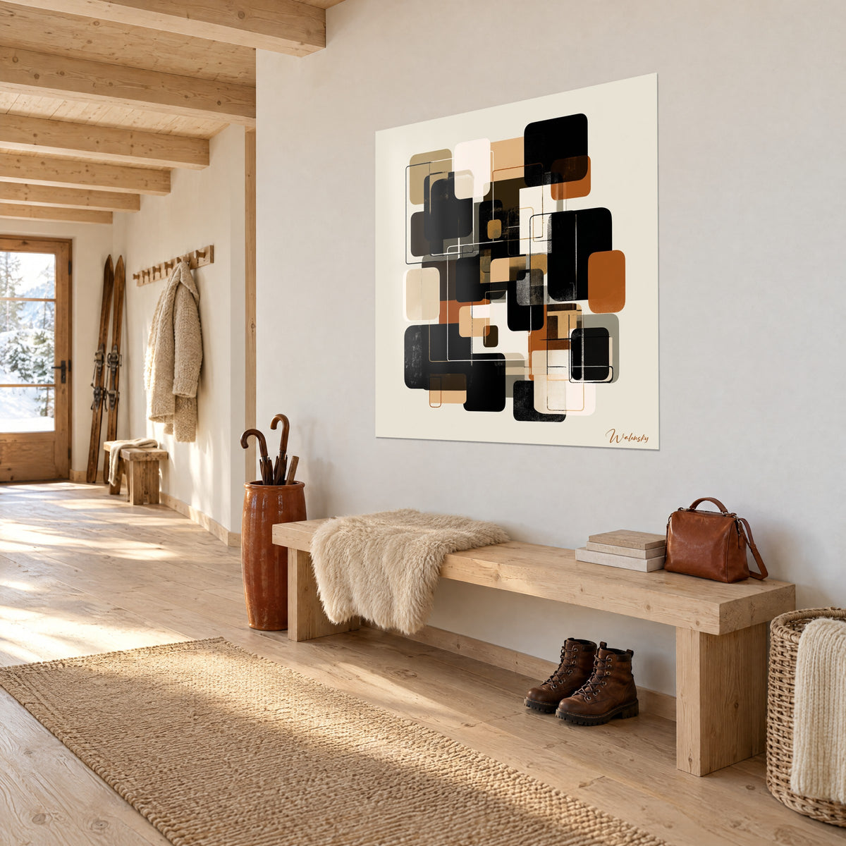 Tableau composition géométrique de rectangles noirs, rouille et beige sur fond ivoire, mur clair d'un couloir de chalet