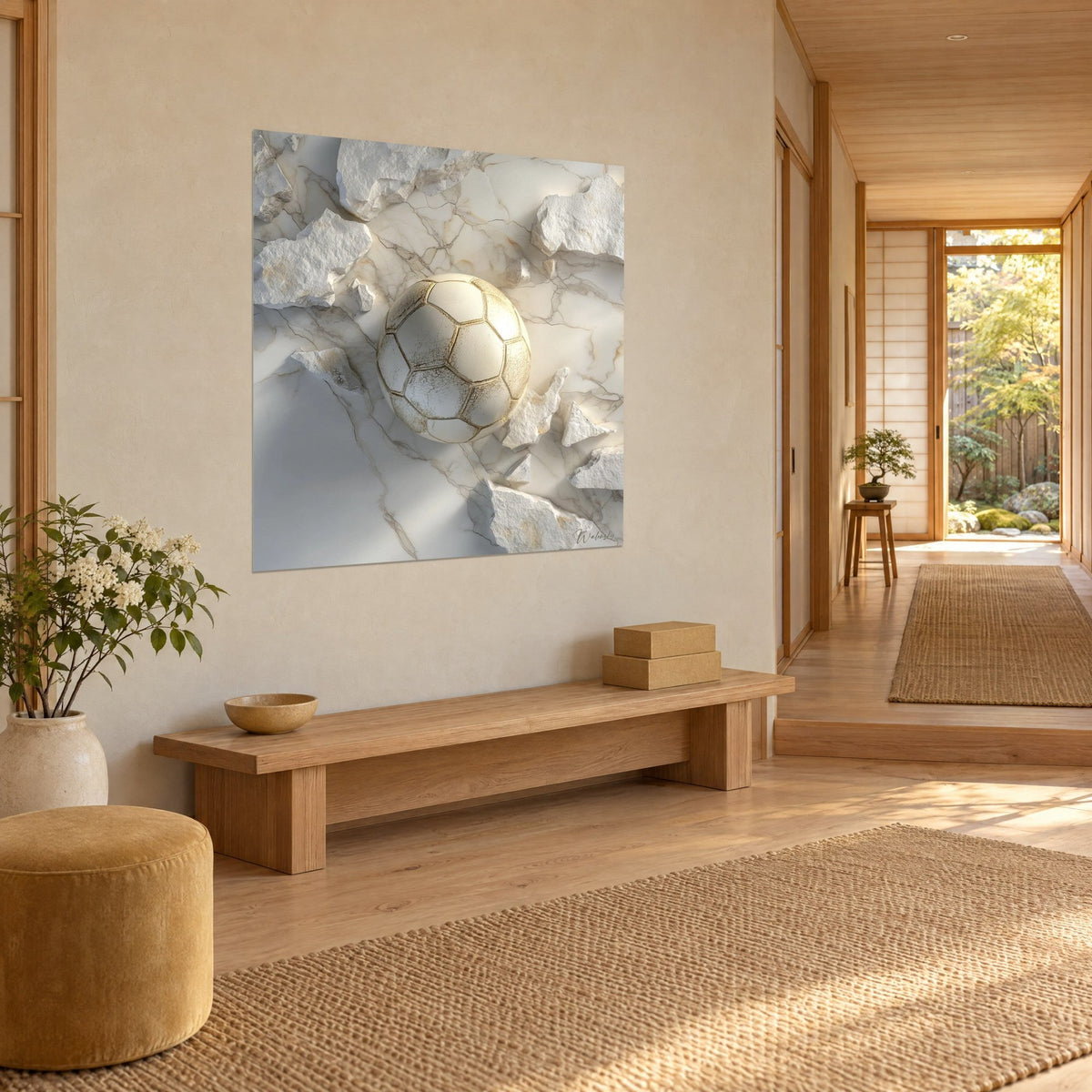 Tableau ballon patiné aux hexagones dorés craquelés sur un marbre ivoire brisé, mur beige près d'un banc en bois clair