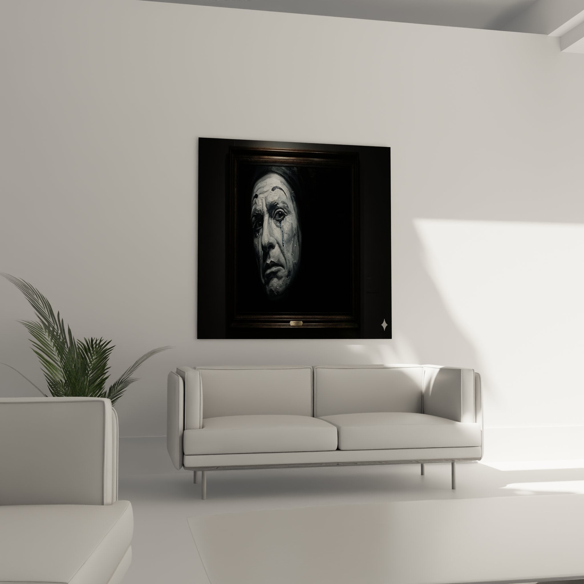 Detail portrait clown melancolique peinture empate larme bleue art cirque expressif