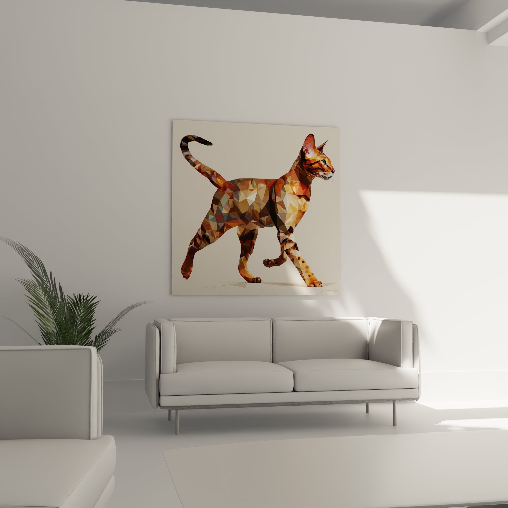 Close-up detail polygonal geometric faceted cat triangular shapes digital art warm orange tones