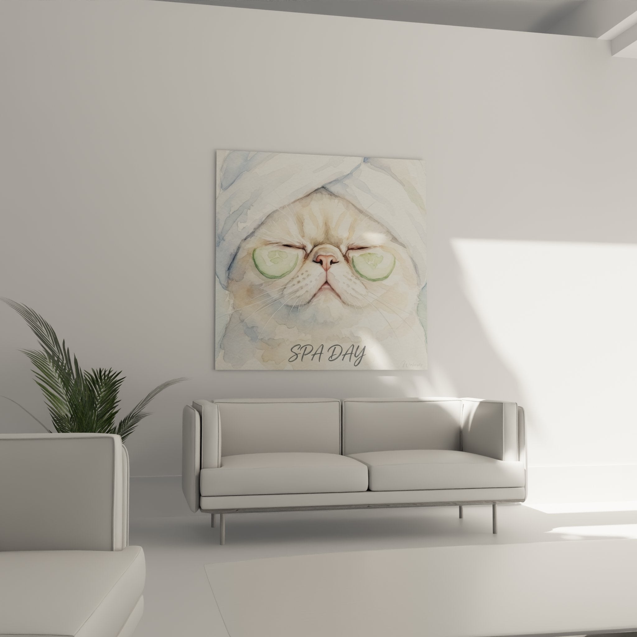 Primo piano su acquerello gatto Exotic Shorthair bianco con occhi verdi e fettine di cetriolo spa