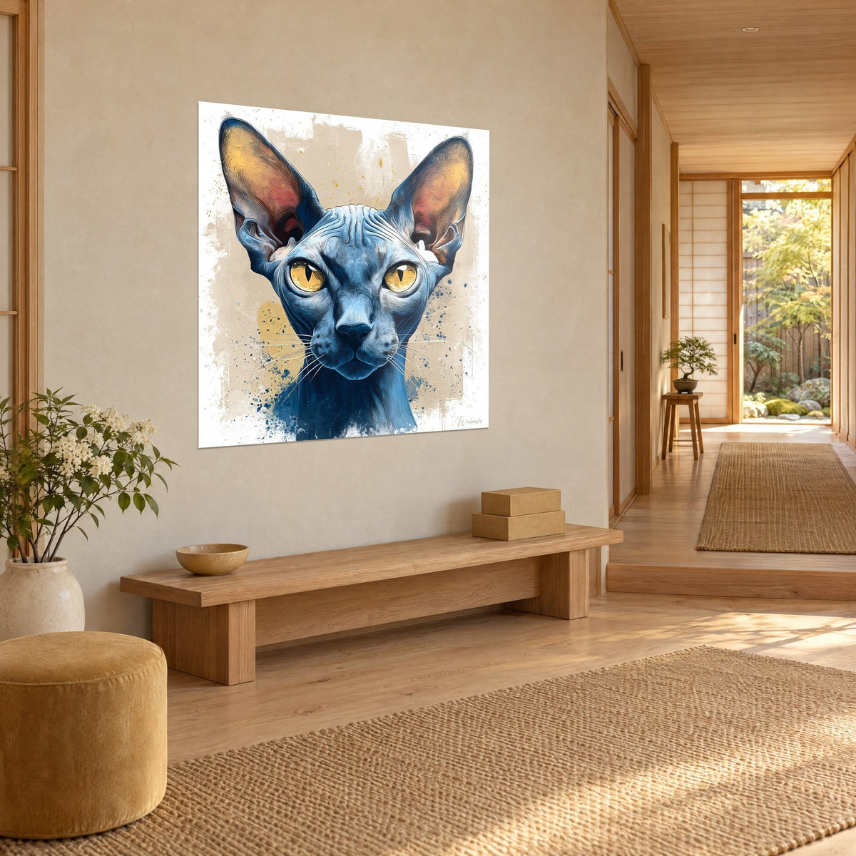 Schilderij van een naakte kat met honinggele iris, marineblauwe spatten op beige achtergrond, driekwart aanzicht, japandi-gang