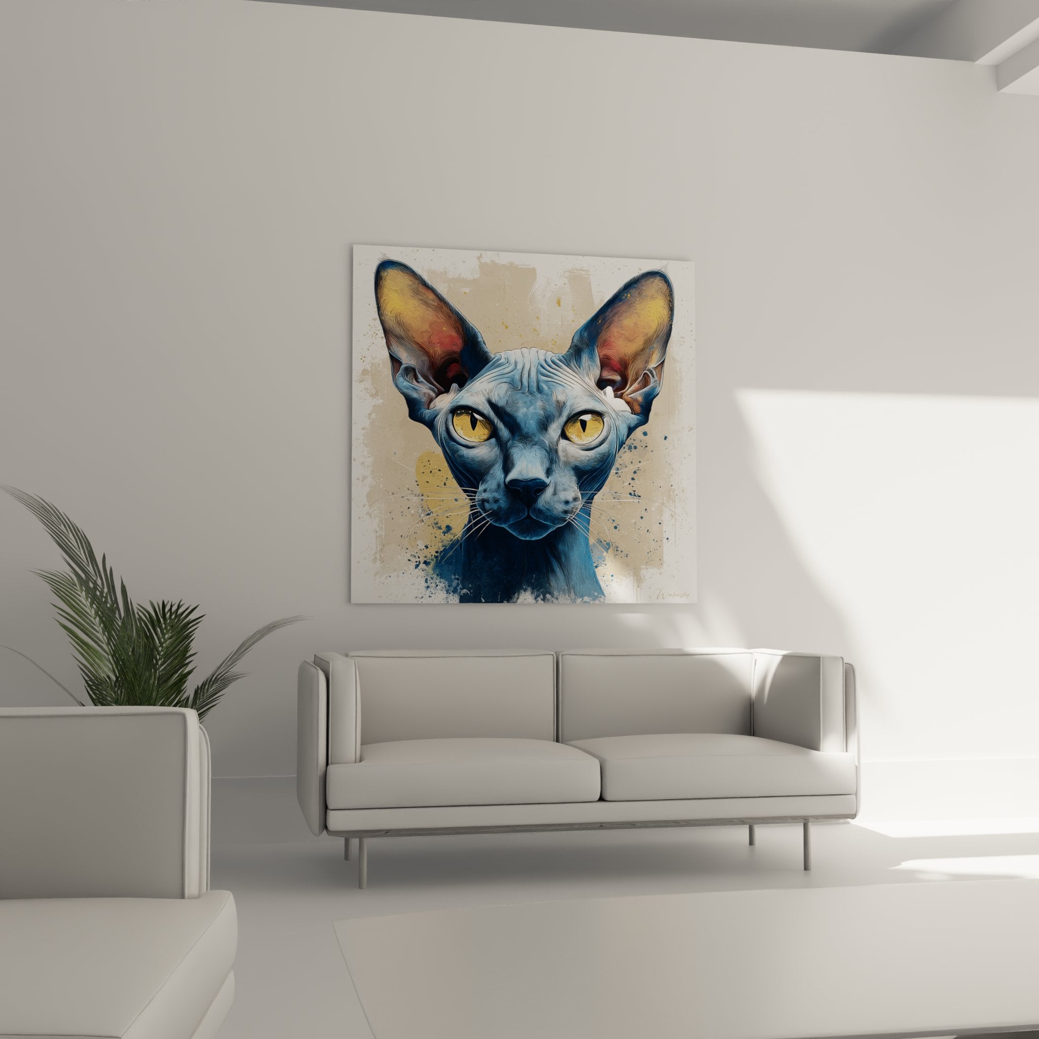 Close-up of Sphynx cat painting showing golden eyes details and paint effects