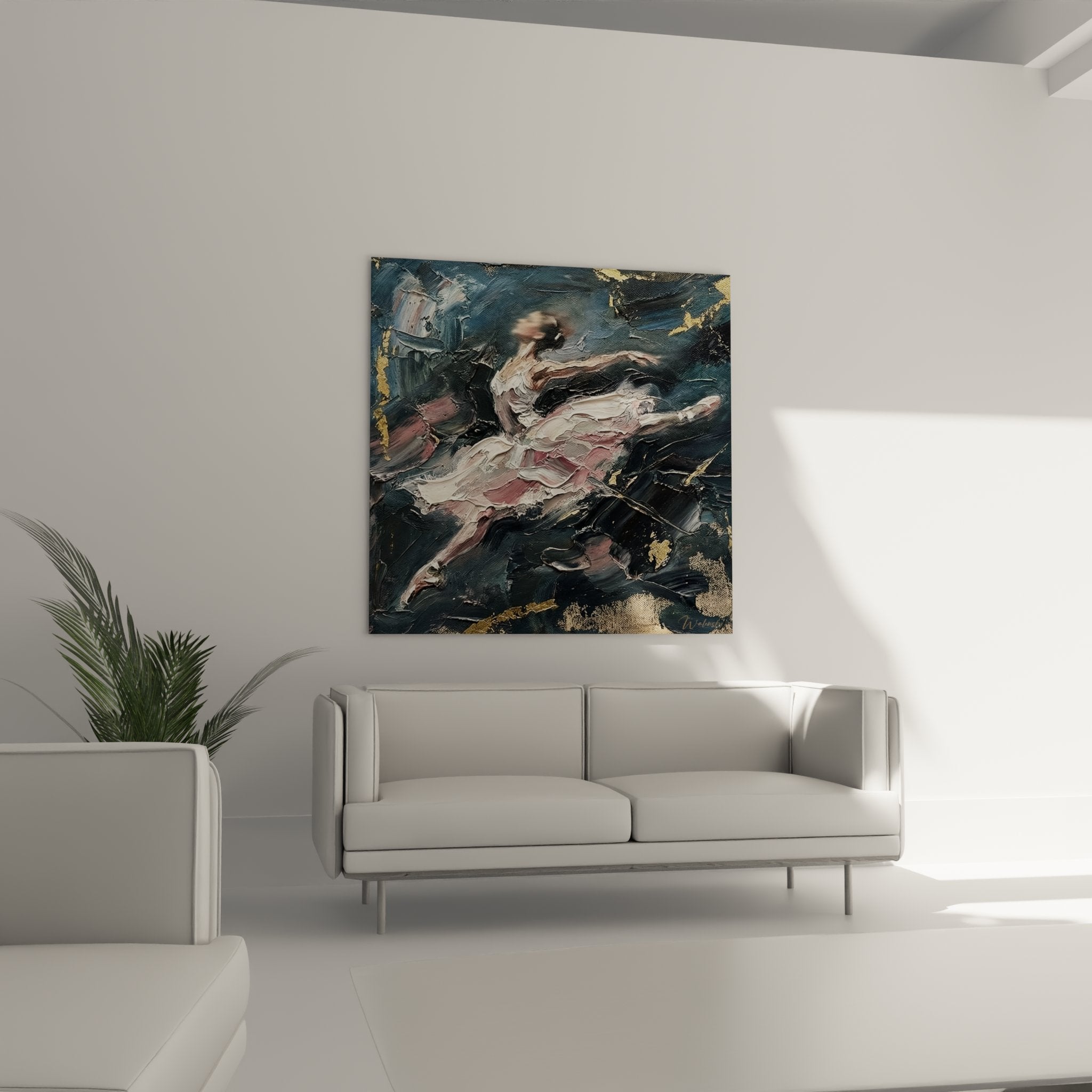 Detailtextur Impasto Gemälde Tanz Ballerina abstrakt blaue goldene Farben expressiver Pinselstrich