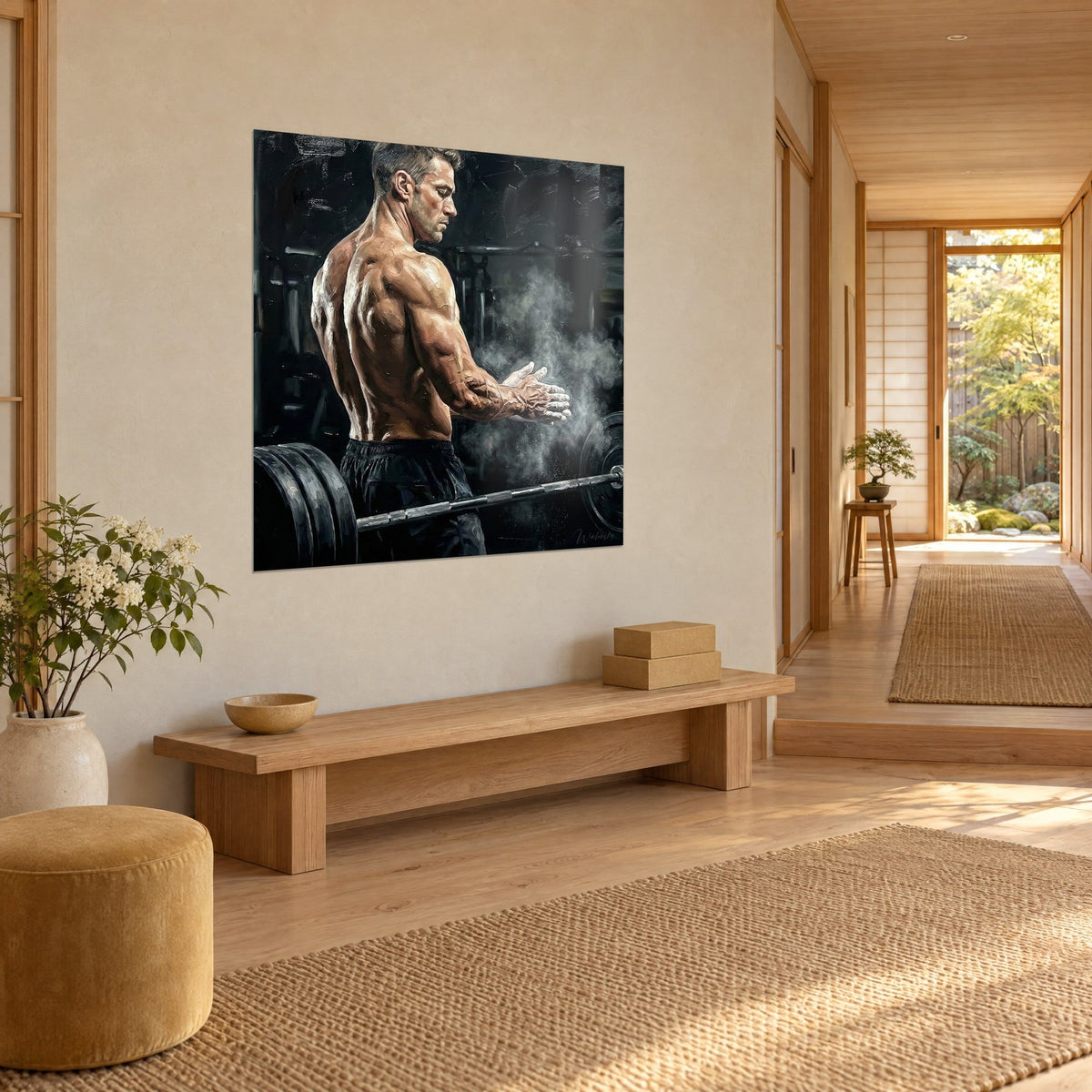 Tableau bodybuilder de profil près d'une barre chargée de disques, nuage de craie grise sur fond noir, couloir boisé japandi