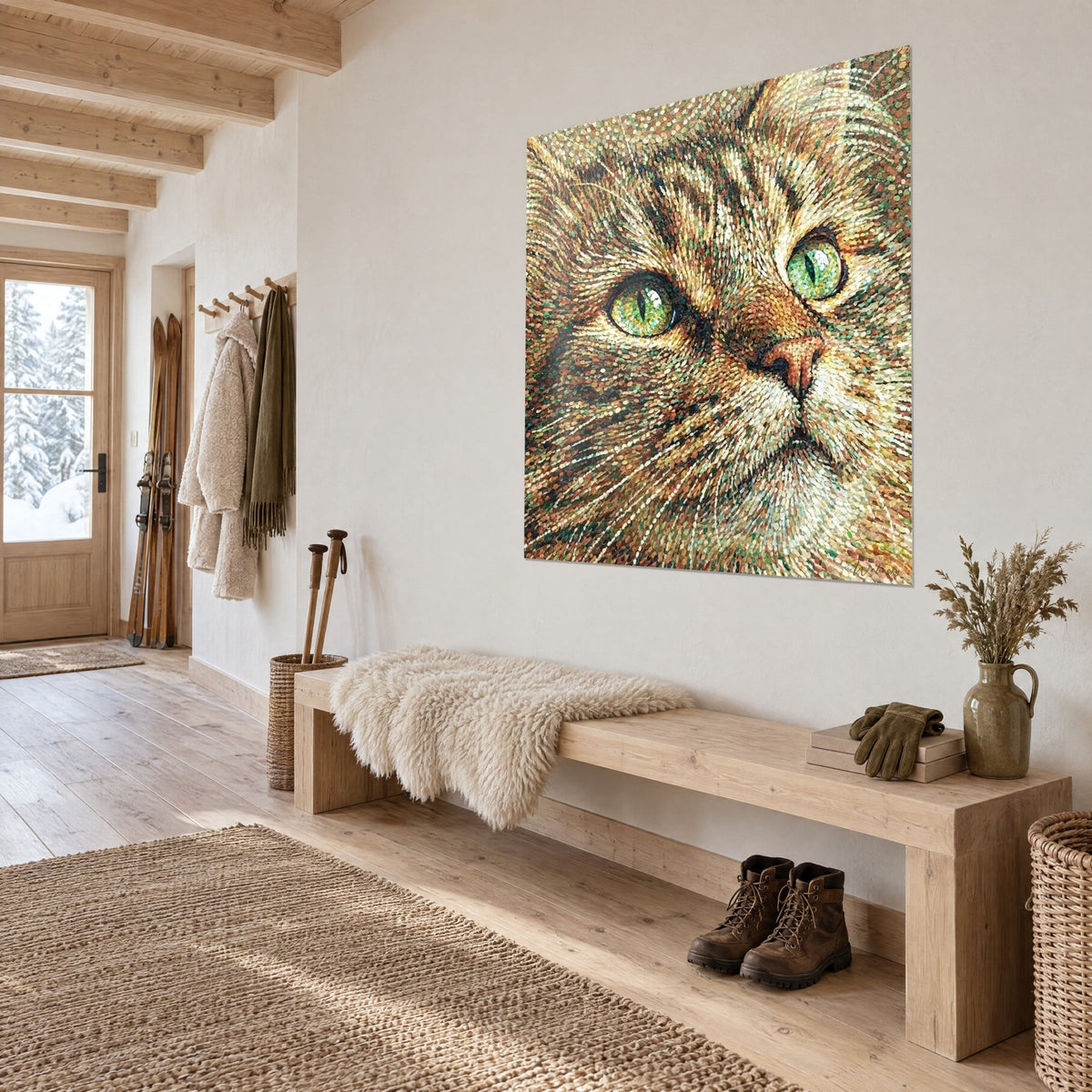 Cuadro retrato felino en mosaico de puntos marrones y ocres, nariz rosa, frente al banco de madera de la entrada de un chalet
