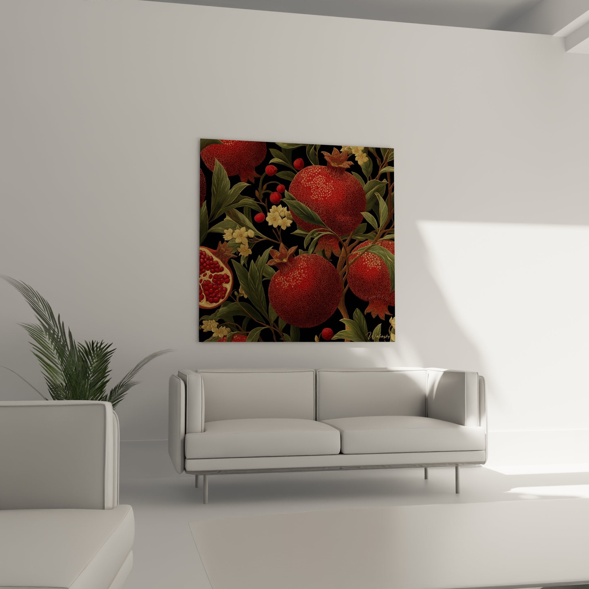 Detail grenades ouvertes graines rouges tableau art deco texture realiste fruits exotiques feuilles vertes