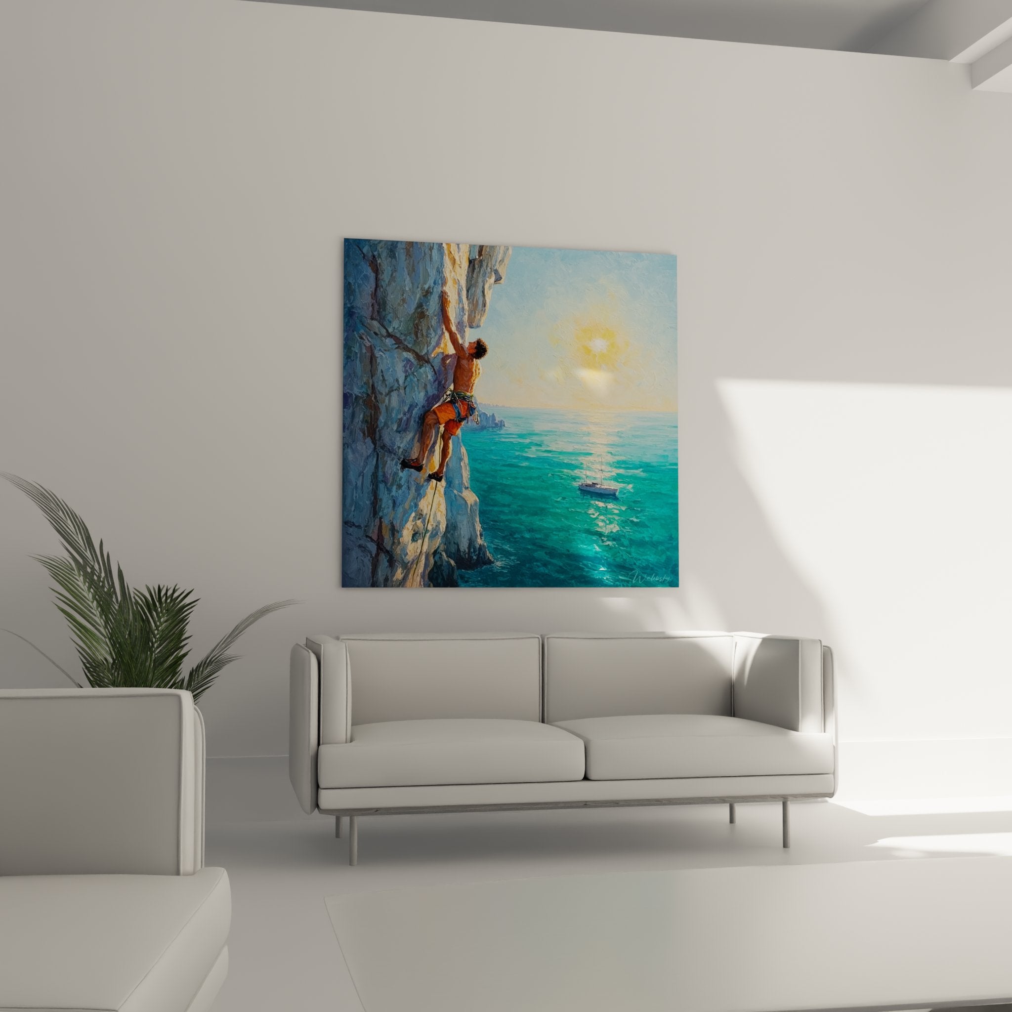 Détail tableau escalade technique peinture grimpeur falaise équipement escalade art mural qualité premium