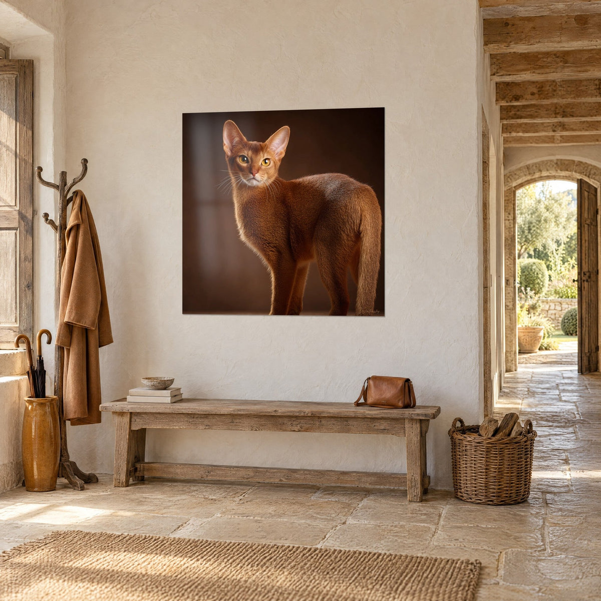 Wall art copper Chausie cat, ginger coat edged with light, golden gaze, beside a sunlit stone arch