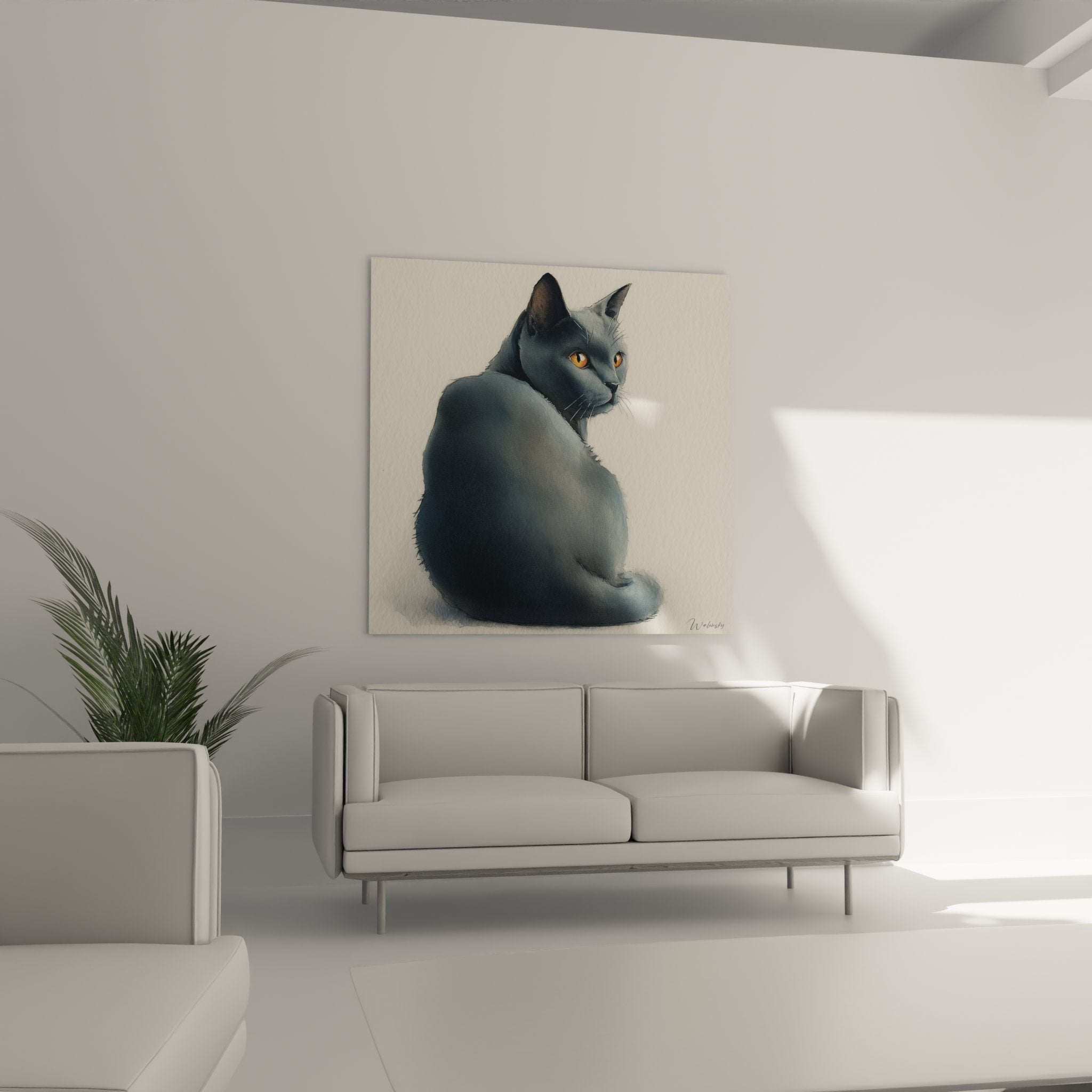 Détail du portrait de chat Chartreux montrant les yeux orange expressifs et le pelage gris soyeux
