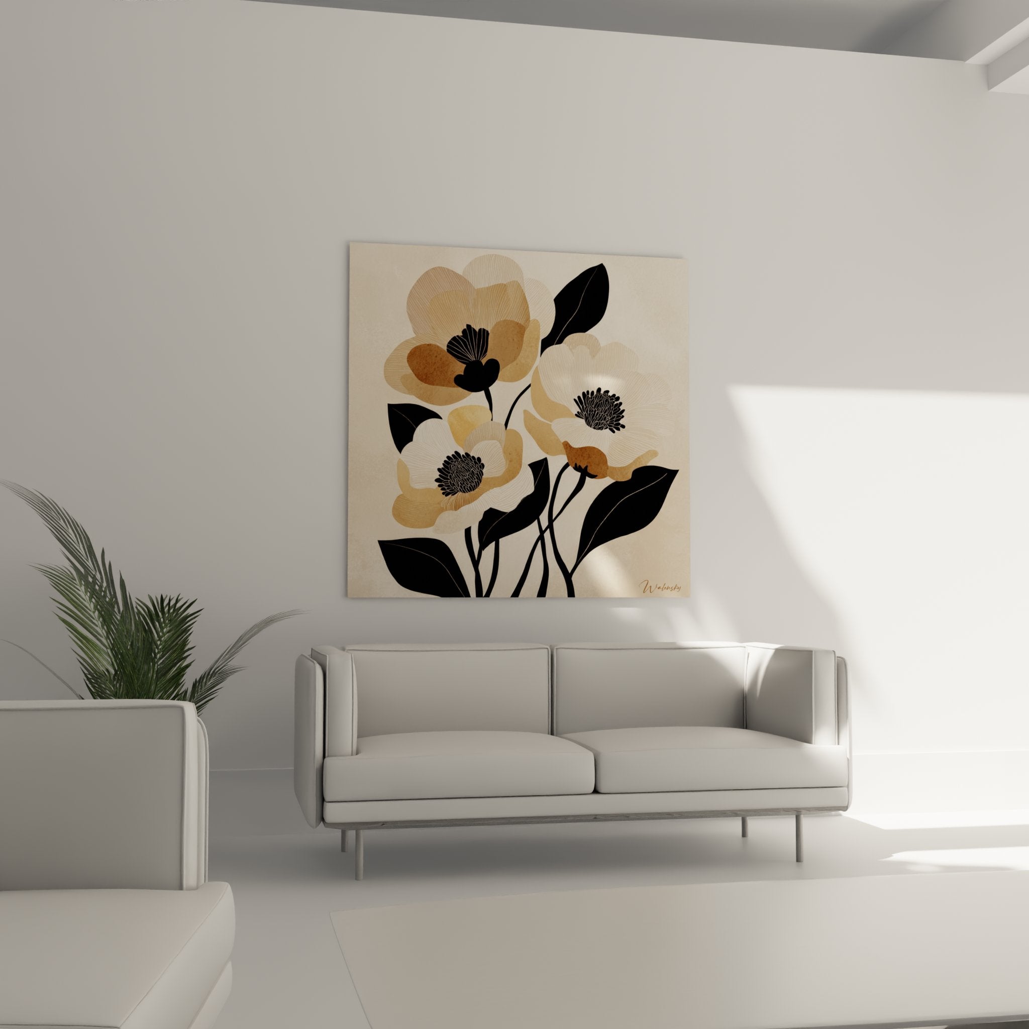 Dettaglio quadro fiori art deco, petali beige trama fine e cuore nero contrasto elegante