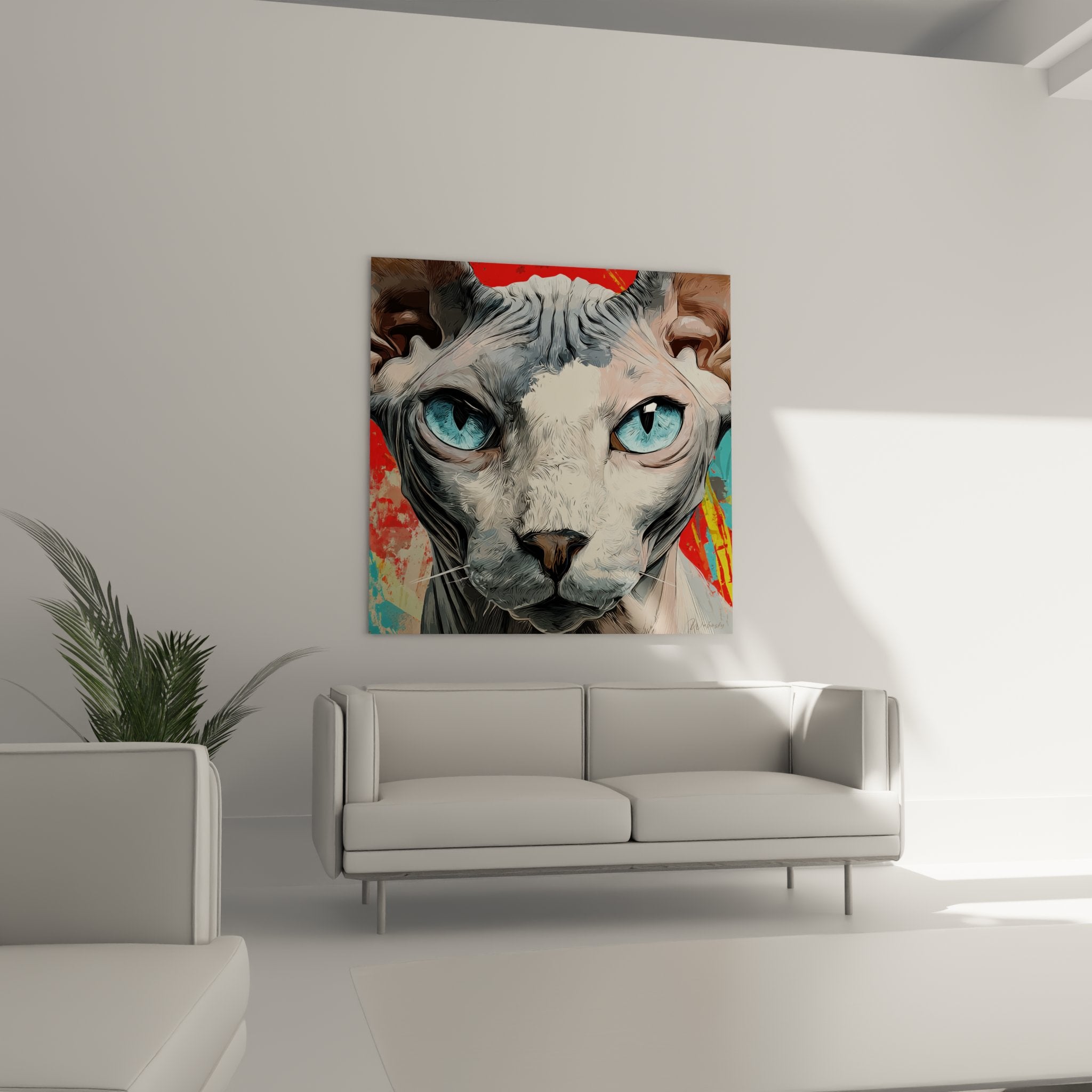 Primo piano sui dettagli del quadro Sfinge che mostrano la texture della pelle e l'intensità dello sguardo blu