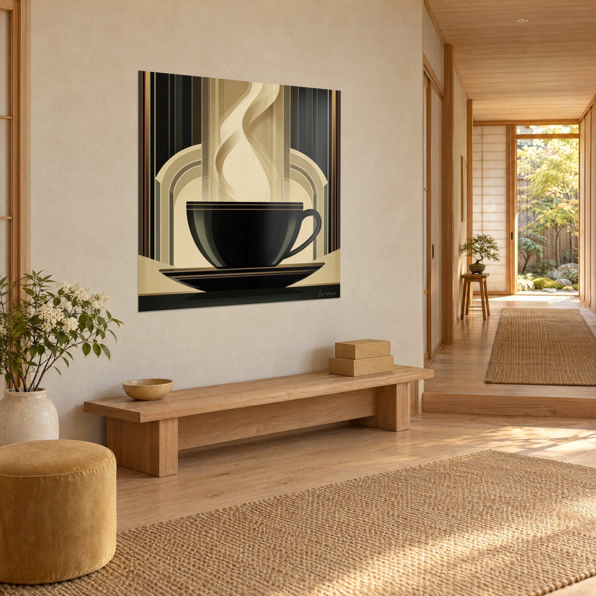 Gemälde dampfender Kaffee in schwarzer Untertasse, elfenbeinfarbene Bögen und goldene Linien, aus dreiviertel Ansicht an einer sandfarbenen Wand neben einer Bank