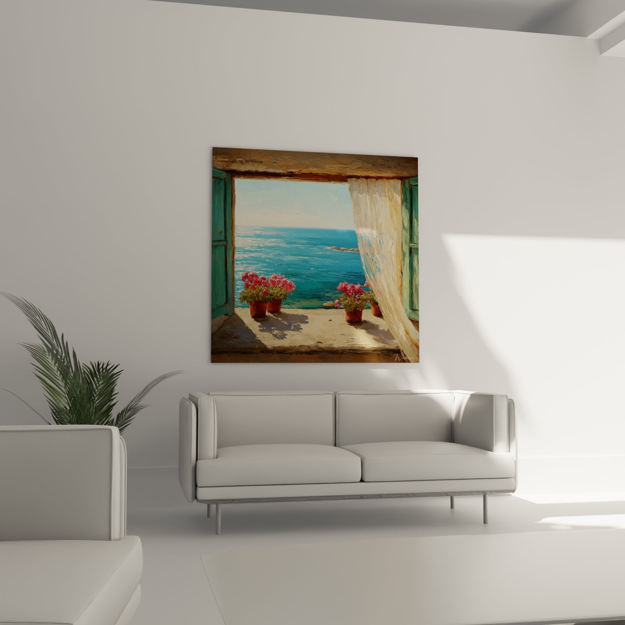 Détail géraniums roses en pots terre cuite sur rebord fenêtre méditerranéenne, rideau blanc volets turquoise