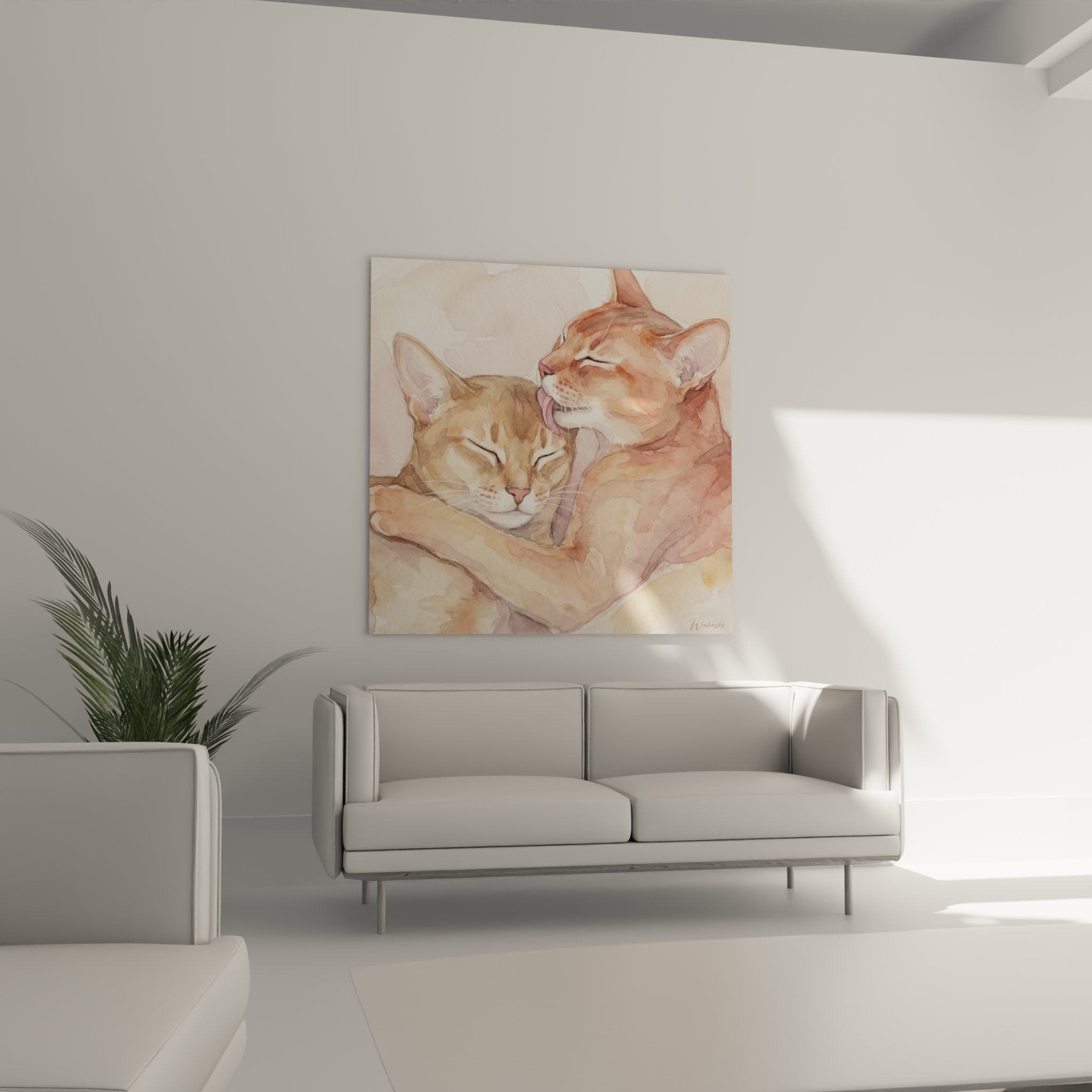 Dettaglio di acquerello che mostra espressioni tenere di due gatti abissini con mantelli color rame e dorato