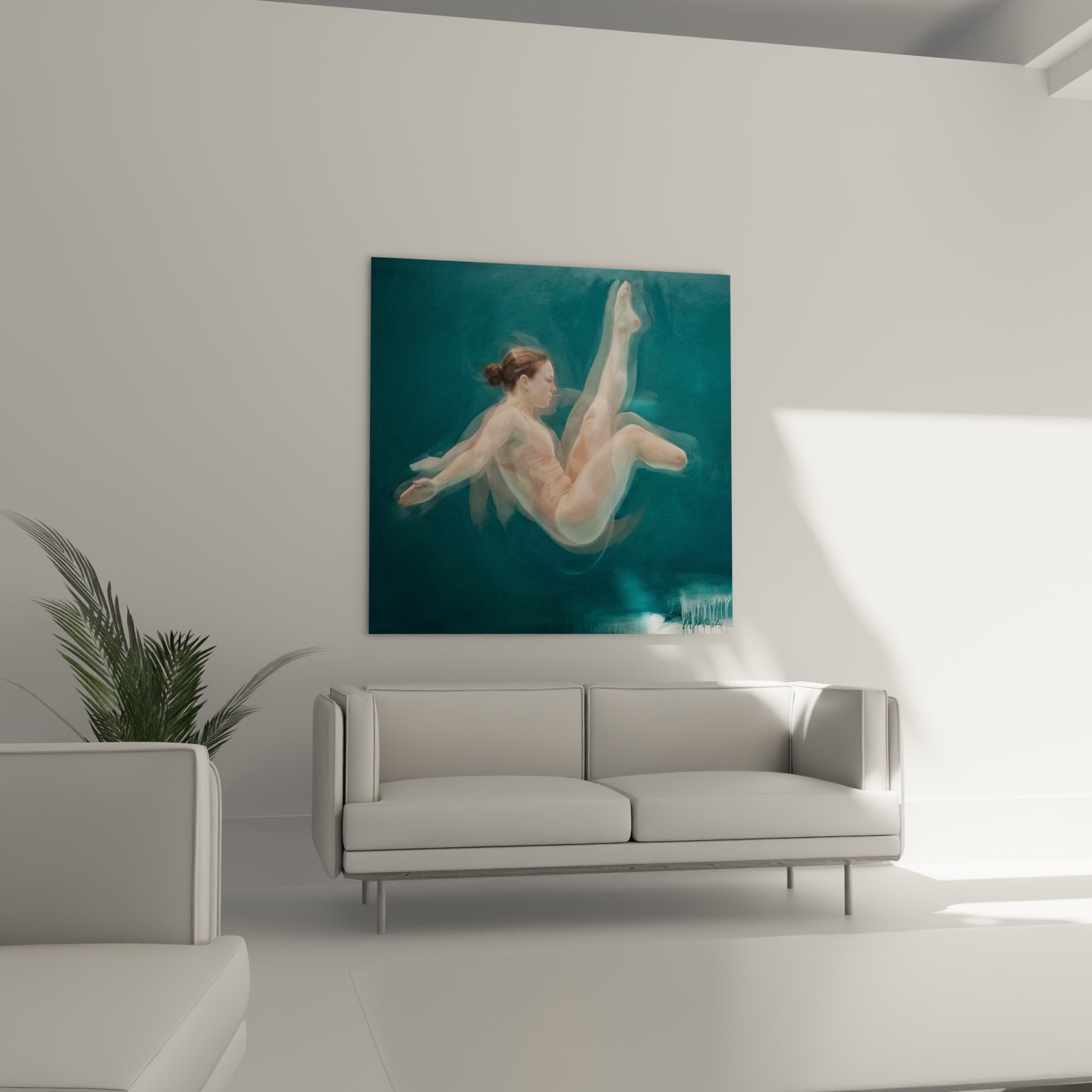 Détail peinture athlète paralympique - technique artistique mouvement aquatique tons bleu-vert