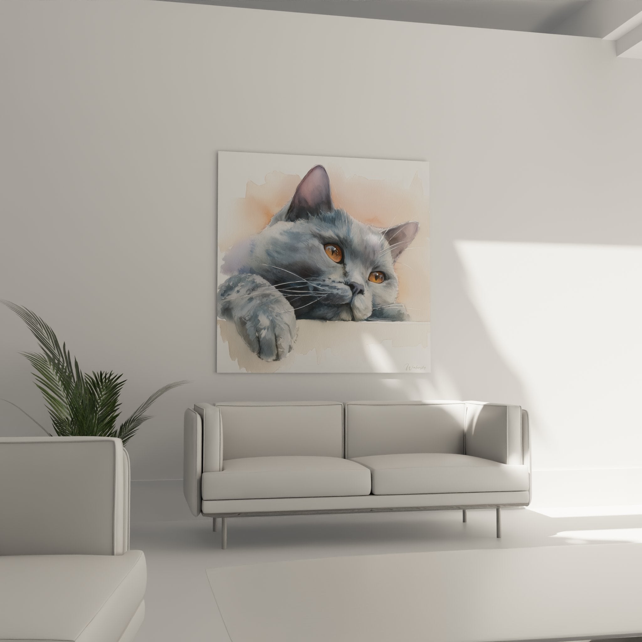 Nahaufnahme Aquarell Kartäuser-Katze mit goldenem Blick grauem Fell blautöne Pinseltechnik realistische Details felinen Porträt