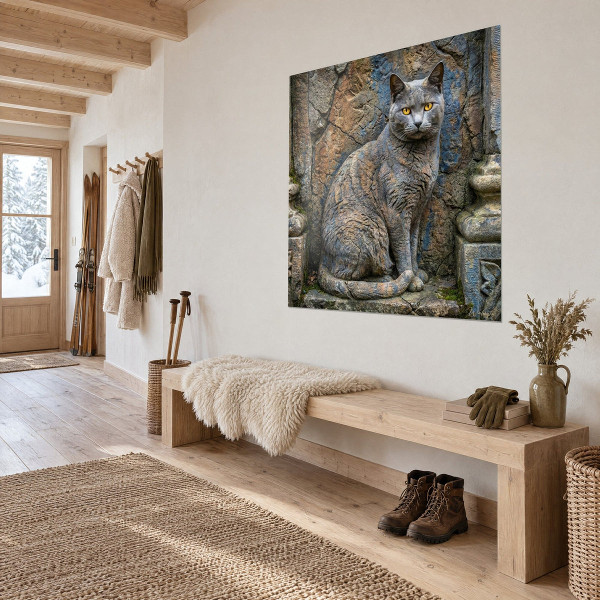 Schilderij grijze leisteenkleurige kat, gecamoufleerd in roestige en blauwgetinte steen, driekwart aanzicht in een hal van licht hout